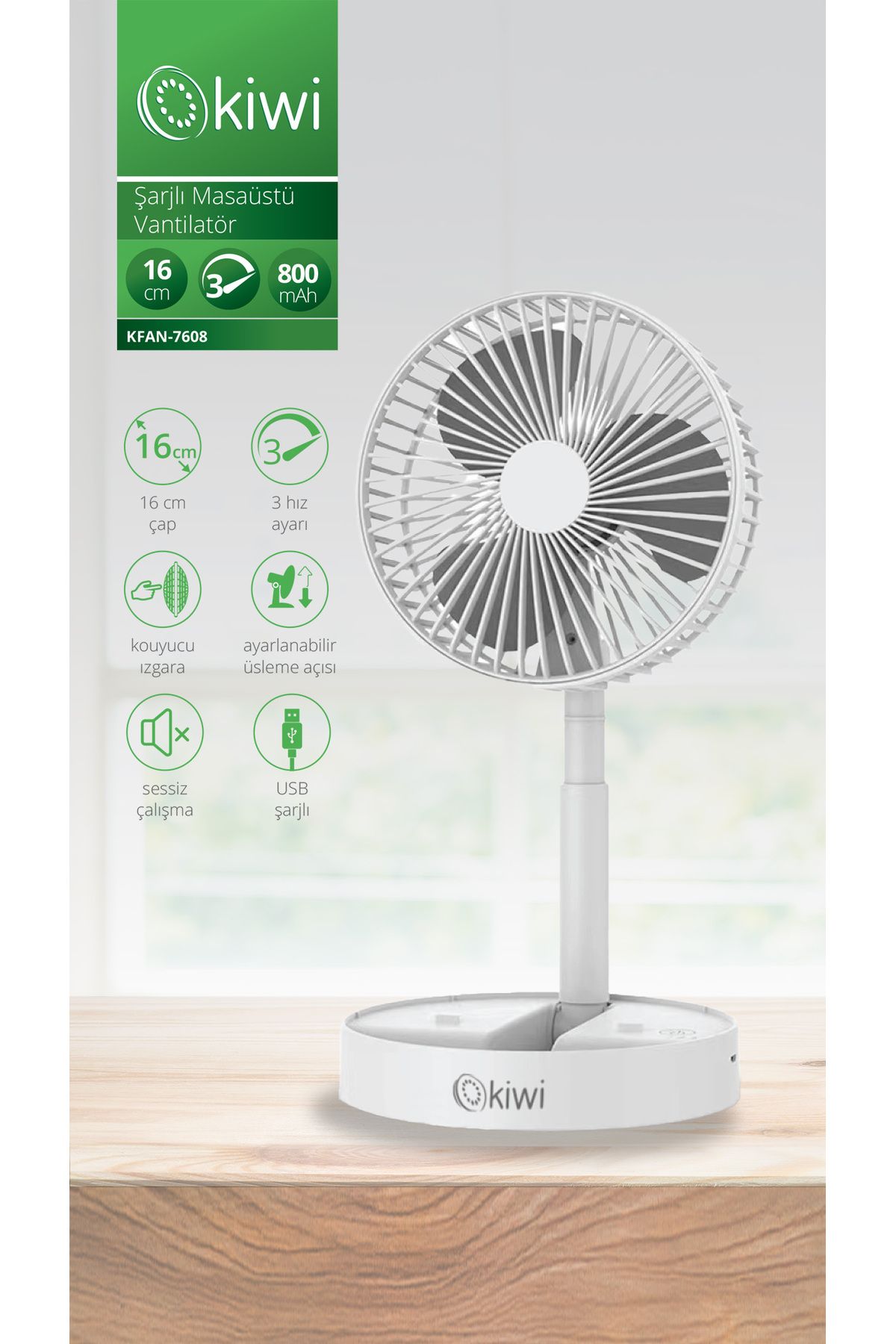 Kfan-7608 Şarjlı Beyaz Katlanılabilir Mini Fan Masa Üstü Vantilatörü Usb Soğutucu Sessiz El Fanı