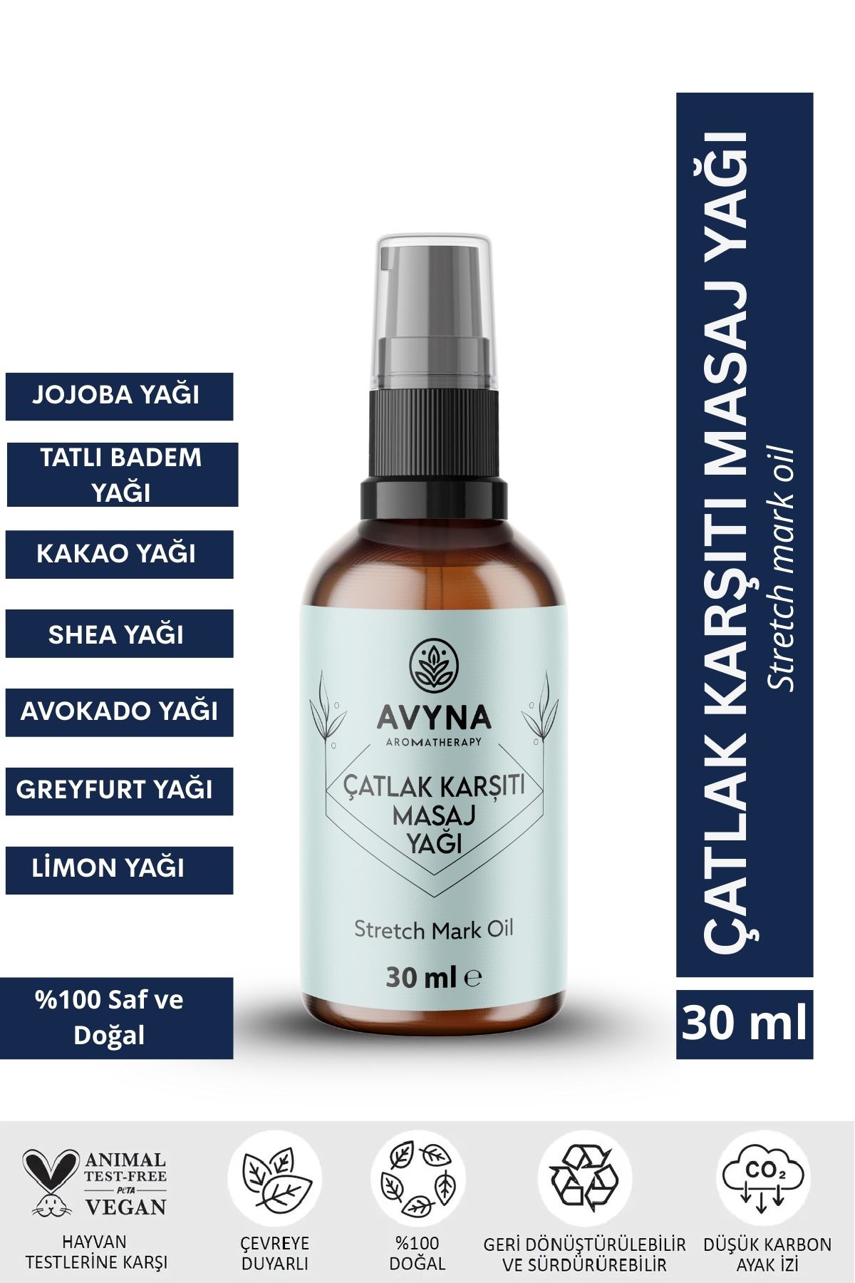 AVYNA Çatlak Karşıtı Masaj Yağı 30 ml Cam Şişede %100 Doğal Selülit Karşıtı (Stretch Mark Oil)