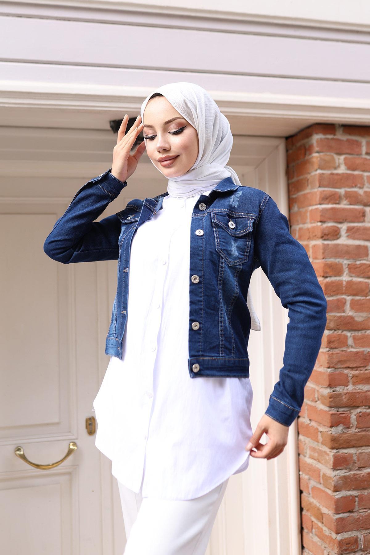 Modamihram-Buttoned Denim Jacket Dark Denim 6027 3
