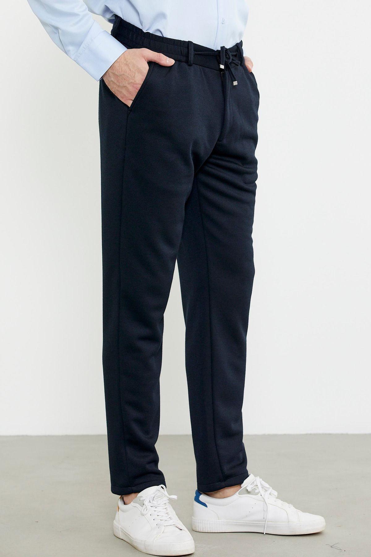 Sementa-Elastic Waist Trousers with Side Pockets - Navy Blue 5