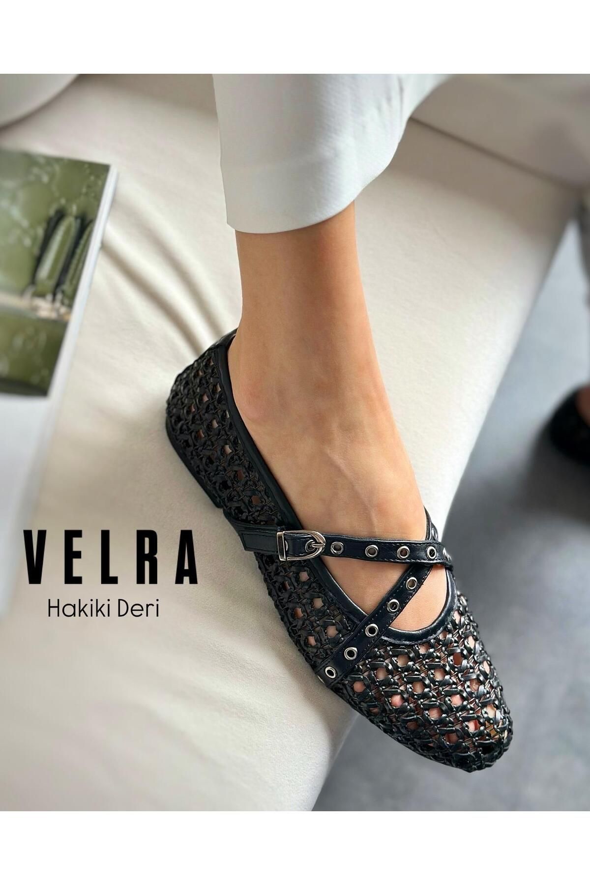 Zuum Velra Hakiki Deri El Örgüsü File Kadın Babet - Siyah Deri