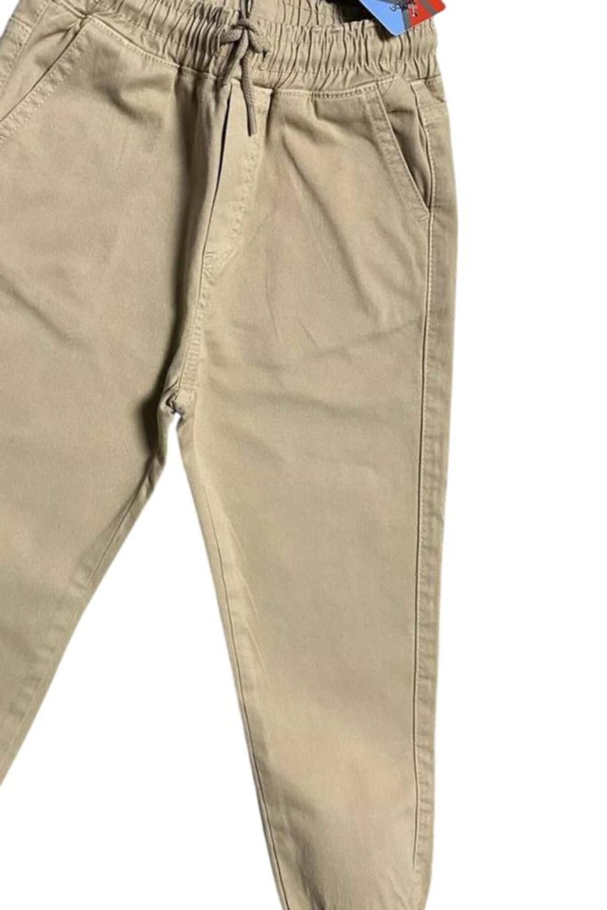 Riccotarz-Boy's Elastic Waist Rope Detailed Gabardine Jogger Cream Jeans 7
