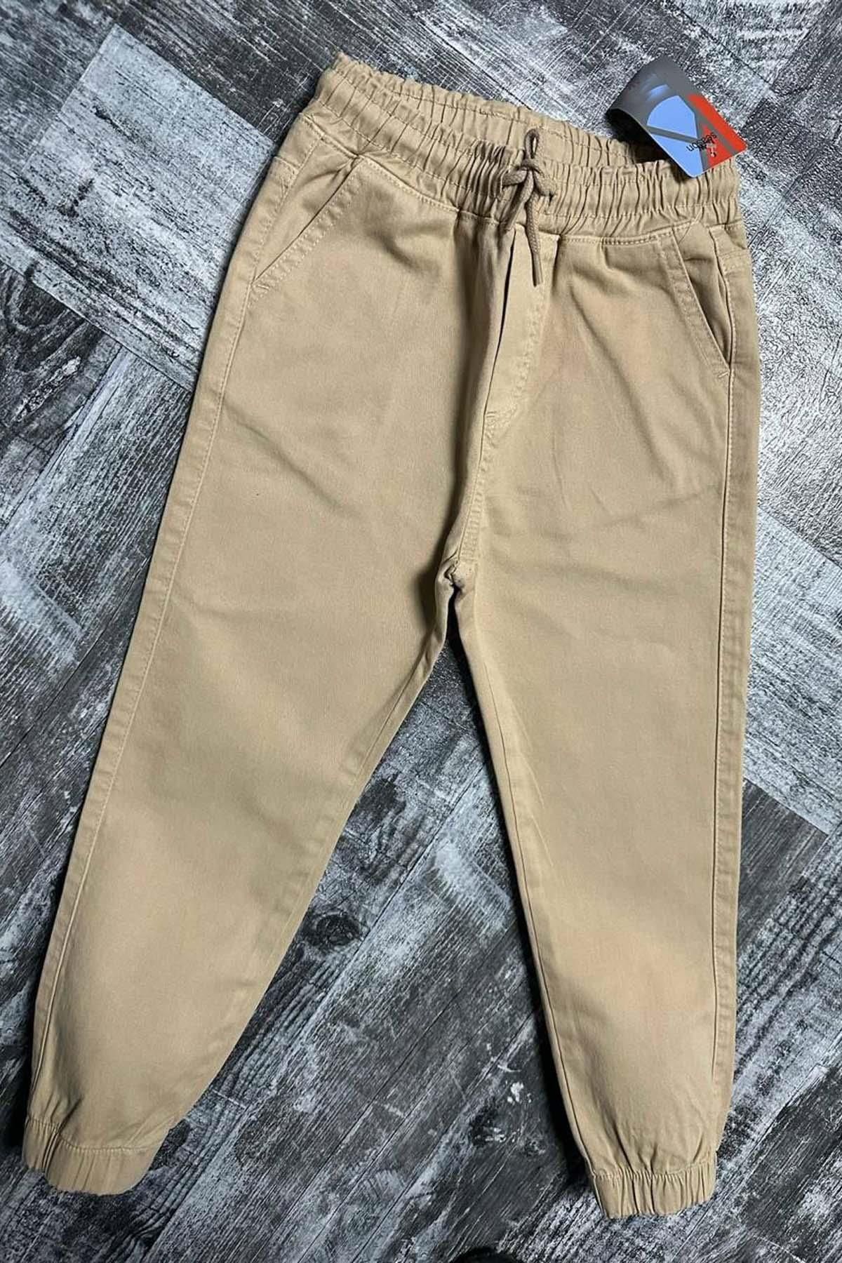 Riccotarz-Boy's Elastic Waist Rope Detailed Gabardine Jogger Cream Jeans 1