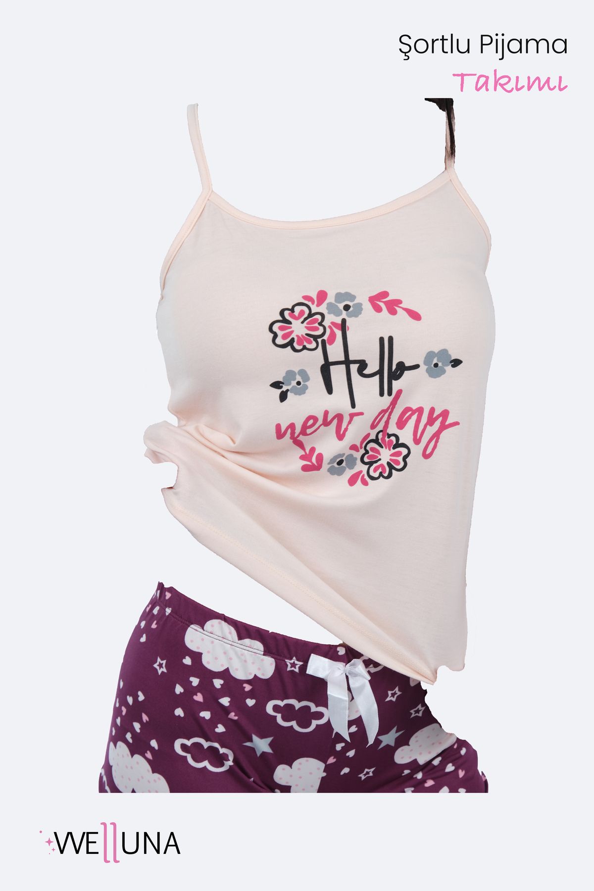 welluna Çiçek Baskılı Şortlu ve İp Askılı Yazlık Pijama Takımı