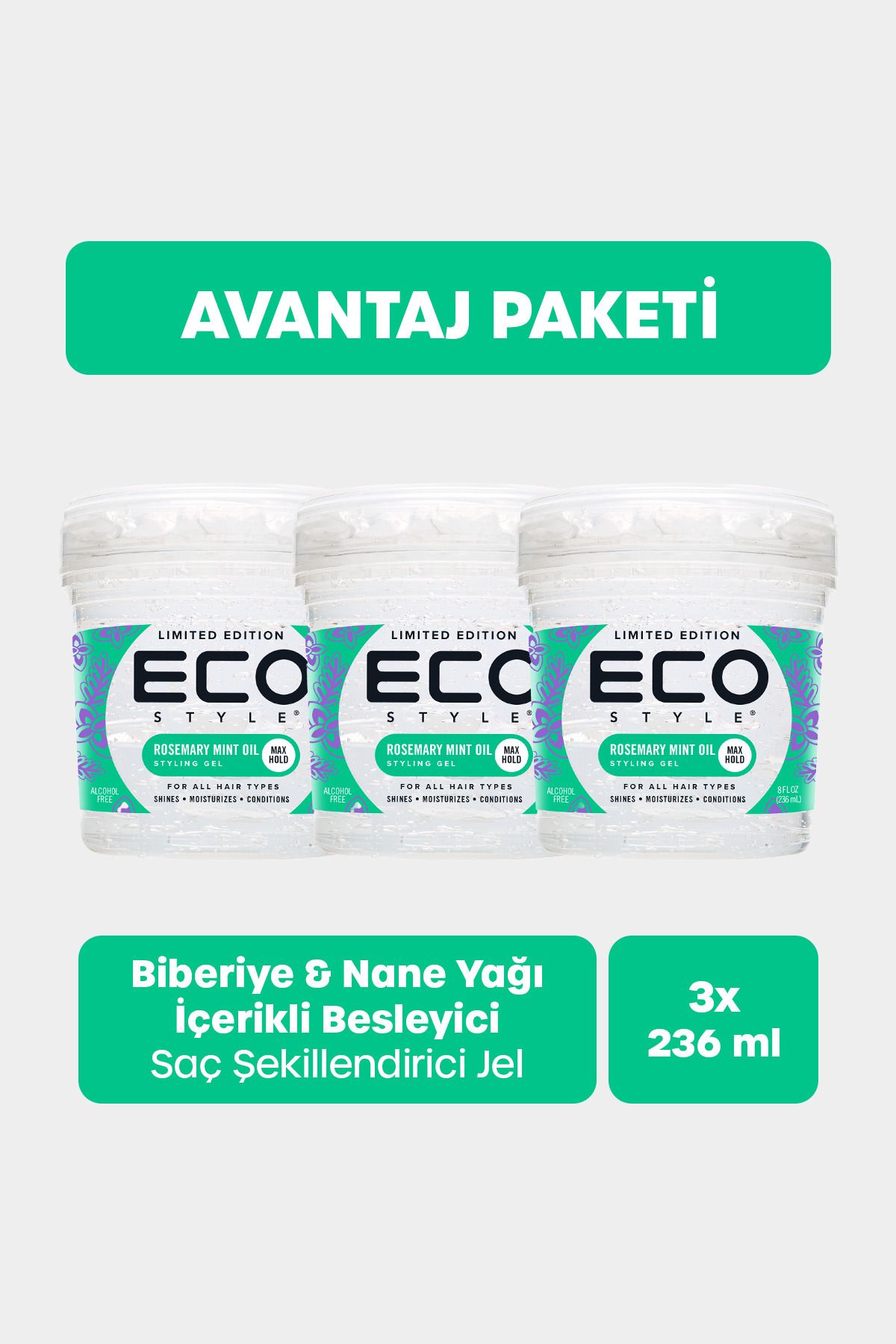 ECO STYLE Biberiye ve Nane Yağı Maksimum Tutuş Saç Jölesi 3x236 Ml Rosemary Mint Oil Styling Gel