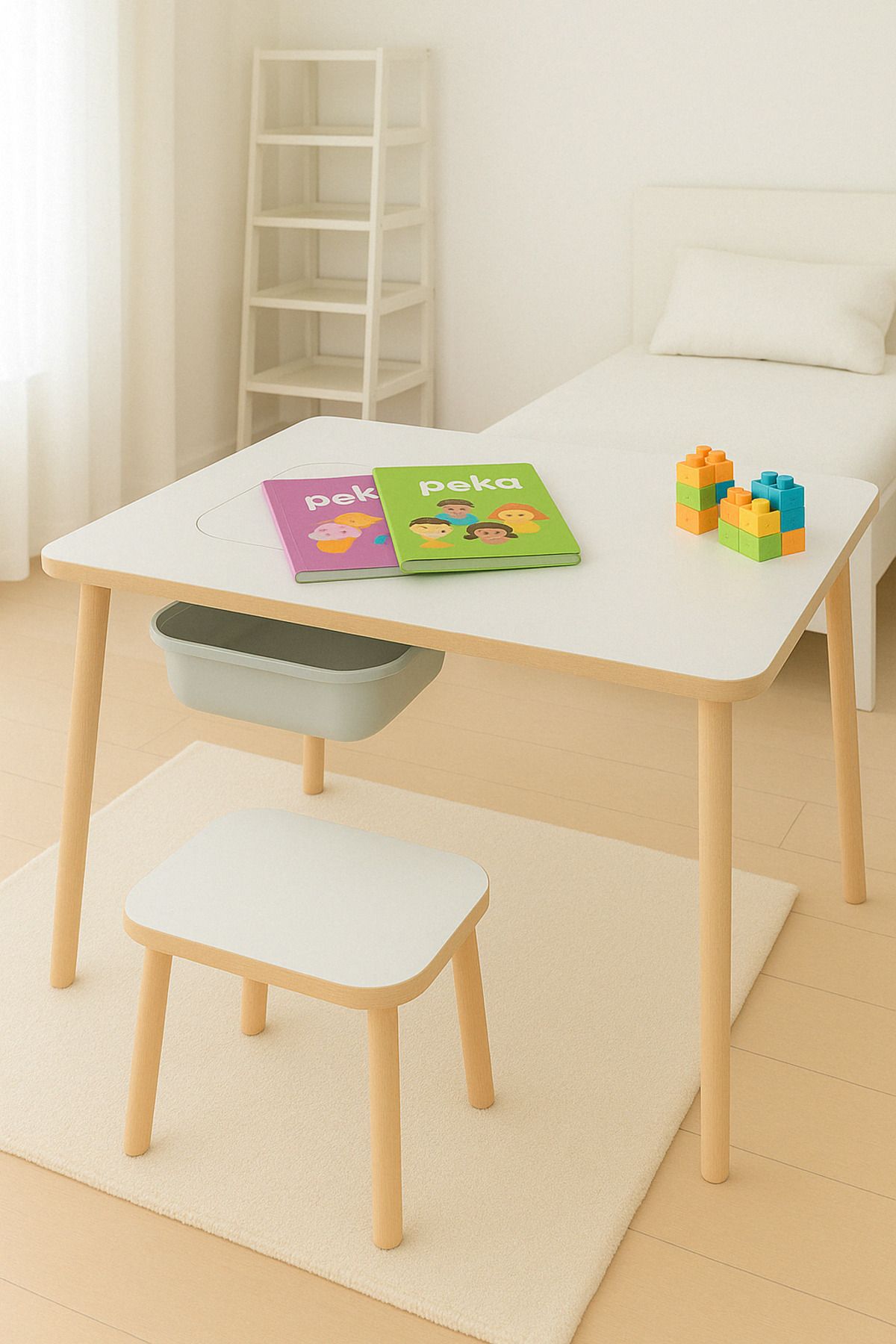 PEKA Çocuk Çalışma Oyun Etkinlik Ve Aktivite Masası Tek Tabureli Sepetli Mdf Ahşap
