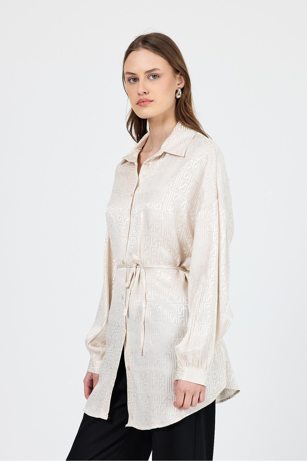 Rays-Stone Patterned Satin Look Rope Lacing Detailed Shirt 4293A 7