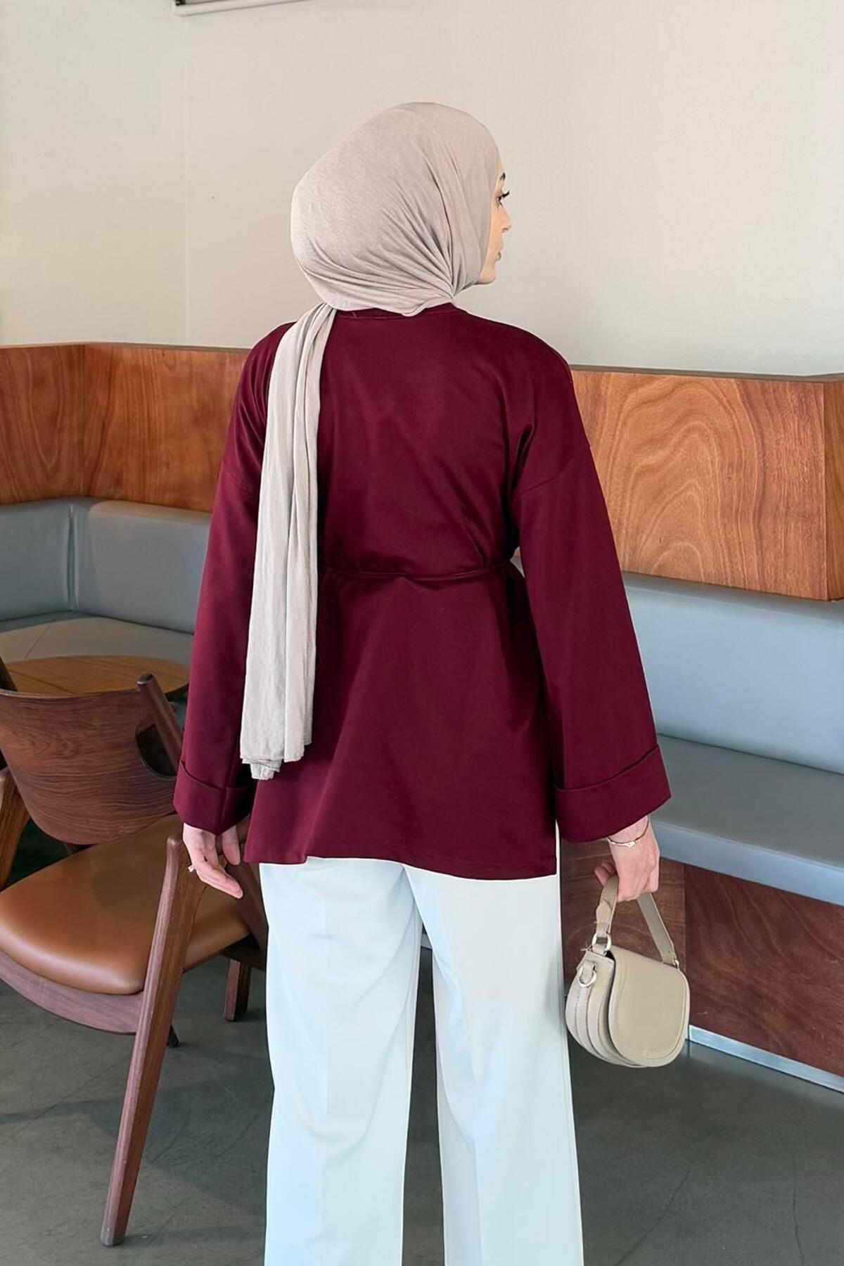 Lamelif  Yırtmaç Detaylı Sweat Bordo - Görsel 4