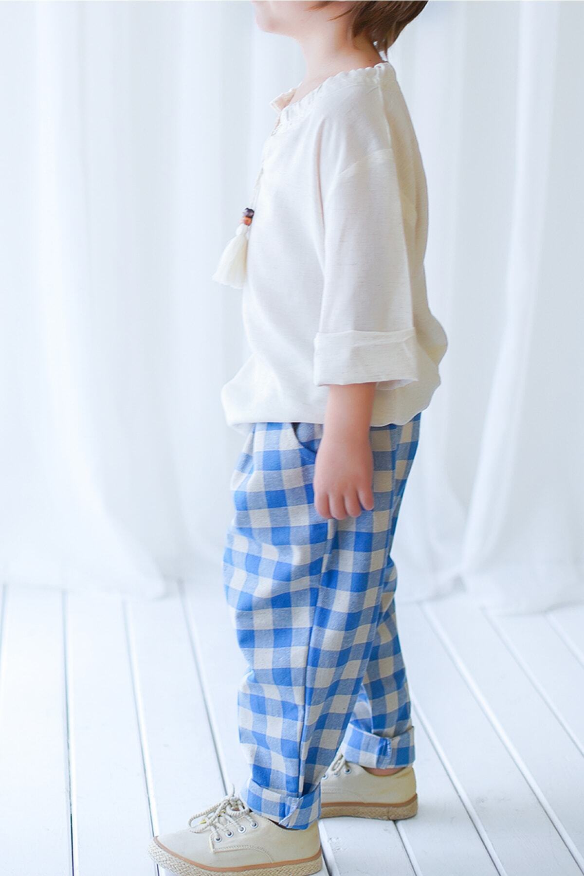 Catz Kids-Pantaloni Morcovi Albastru Crem In carouri + Camasa cu siruri In Crem 5