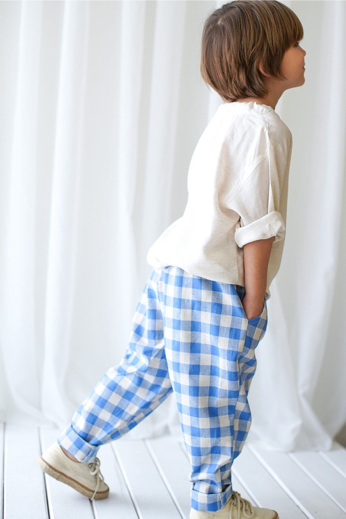 Catz Kids-Pantaloni Morcovi Albastru Crem In carouri + Camasa cu siruri In Crem 6