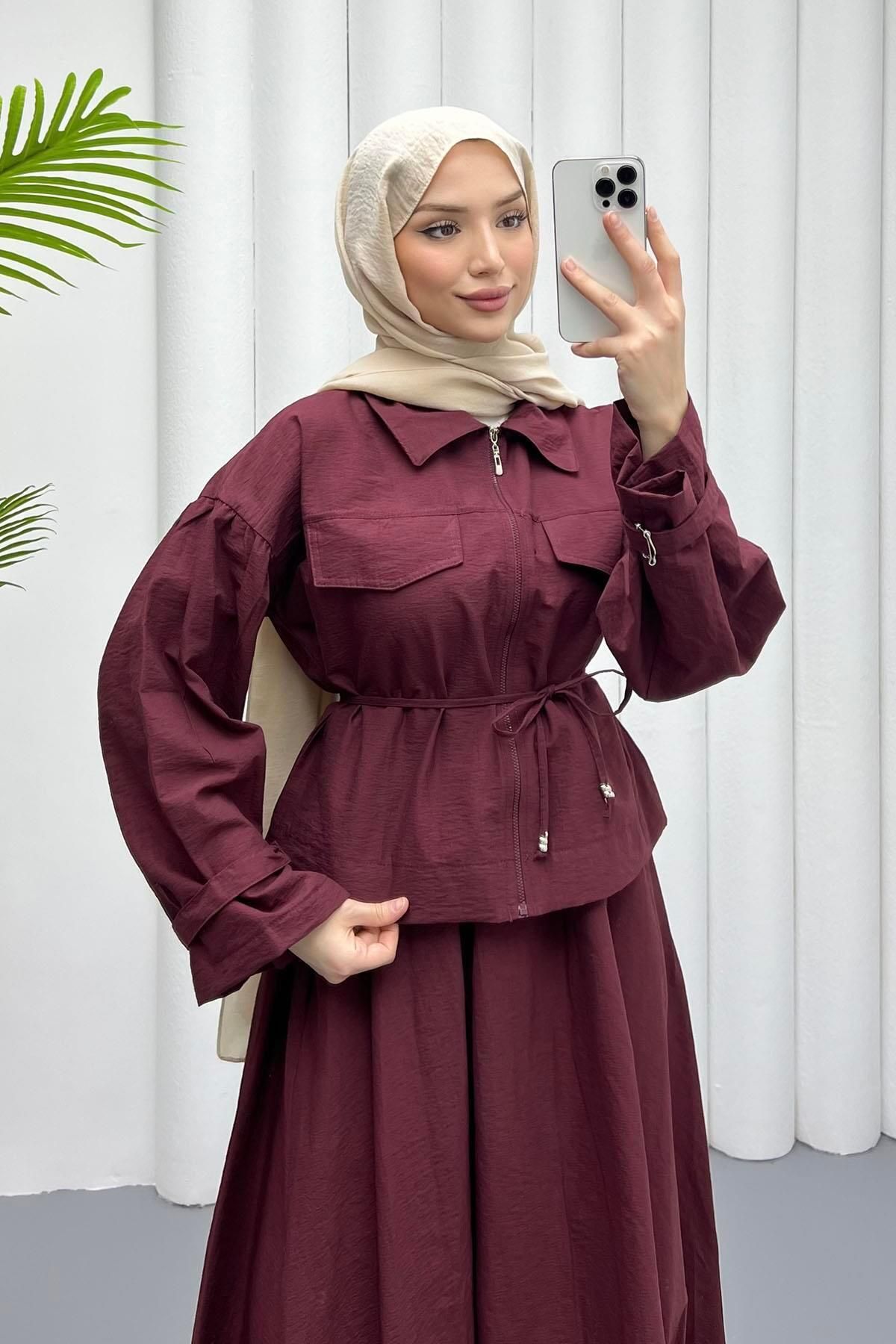 Modaensarbutik-Front Zipper Skirt Hijab Suit-Bordo 4