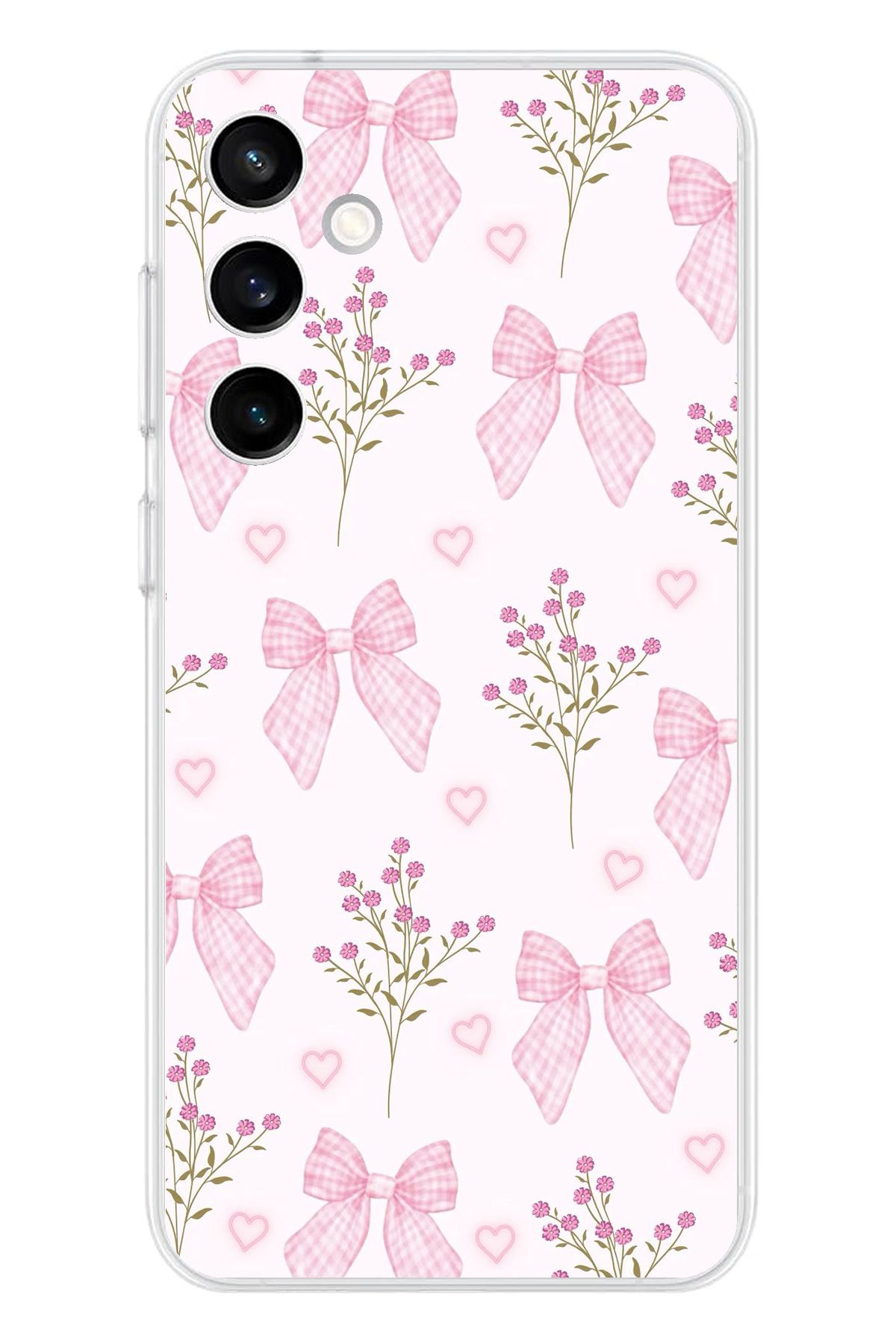 TechTree Samsung Galaxy S23 Fe Uyumlu Pembe Çiçek ve Fiyonklar Şeffaf Silikon Kılıf