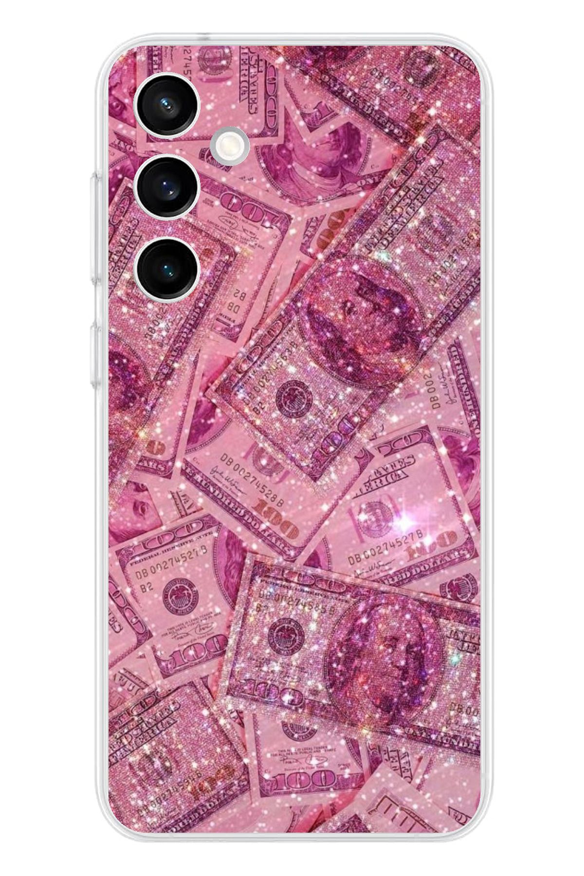TechTree Samsung Galaxy S23 Fe Uyumlu Pembe Işıltılı Dolarlar Şeffaf Silikon Kılıf