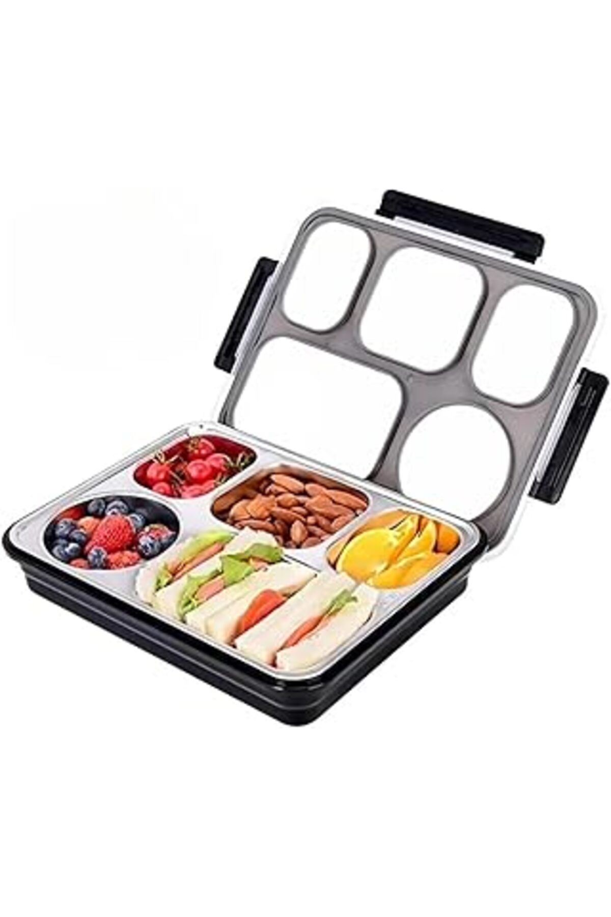 Mu Art Vagonlife Bento 1600ml Lunchbox Tek Katlı 5 Bölmeli Çelik Sefer Tası Yemek Kutusu (SİYAH)