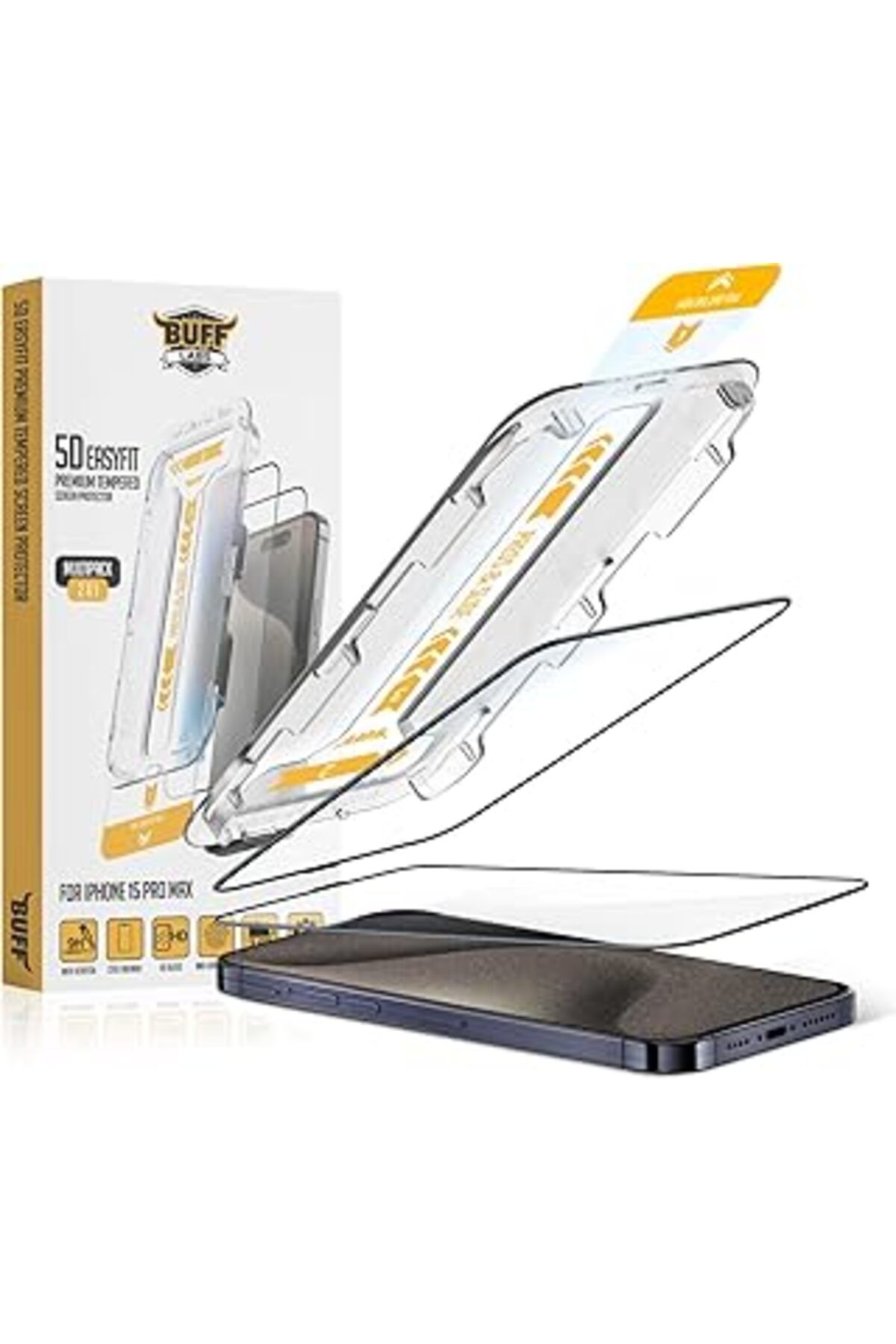 Karachil Buff Labs Iphone 15 Serisi Ile Uyumlu 5D Easyfit 2 Adet Kolay Uygulama Aparatlı Ekran Koruyucu Temp
