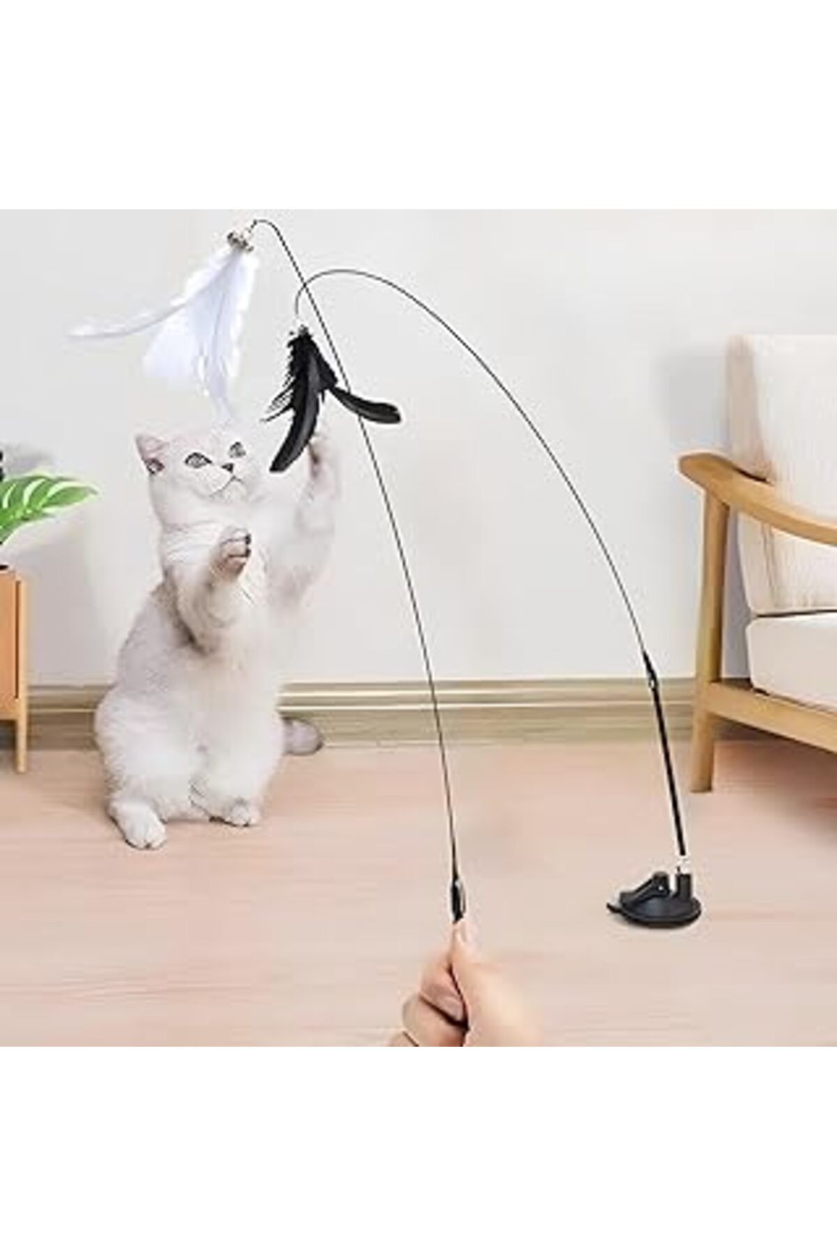 Karachil Kanji Vantuzlu Tüylü Zilli Olta Kedi Oyuncağı – 2 Oltalı, Esnek Yaylı, Avcılık İçgüdülerini Gelişti