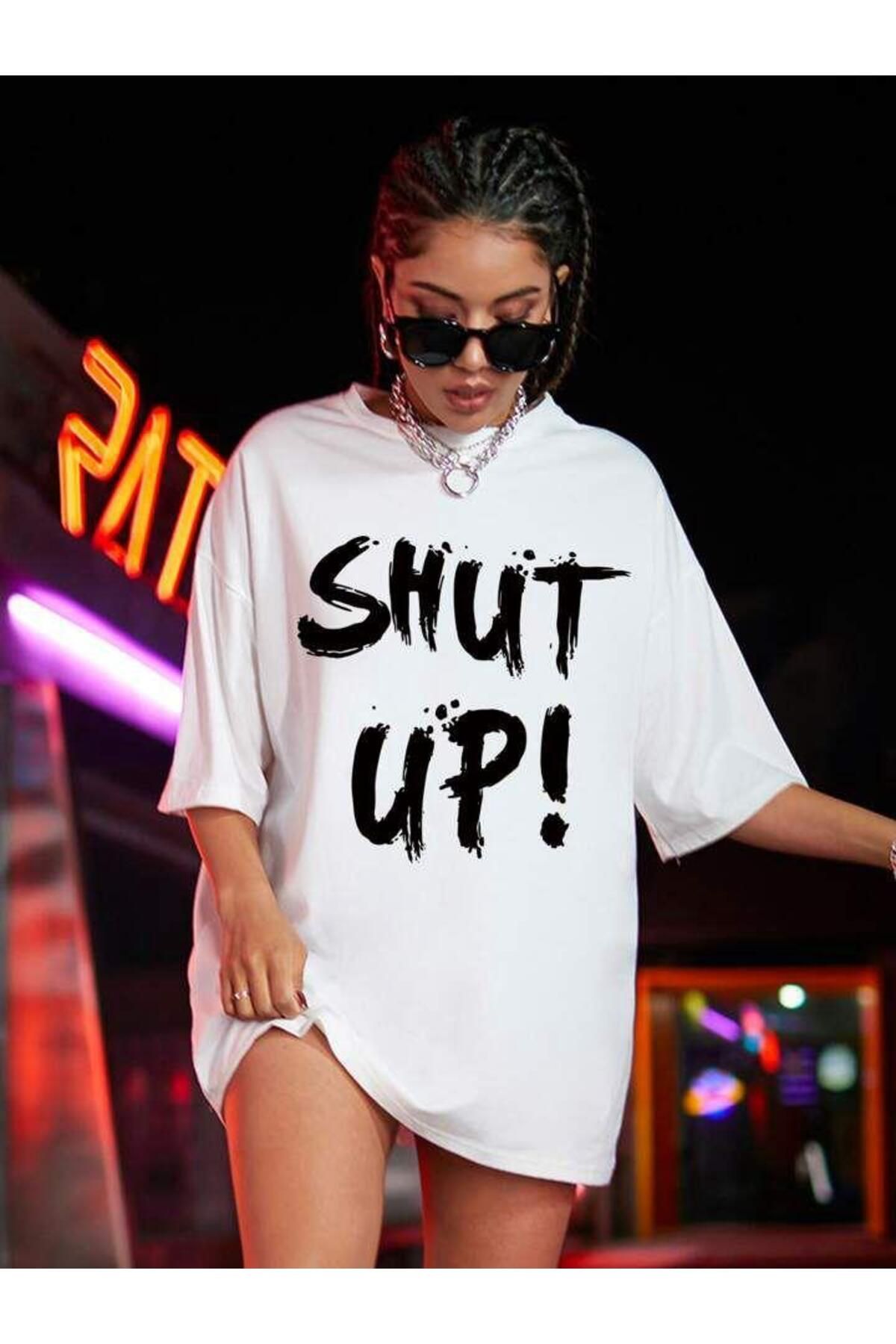 Shut Up Baskılı Oversize Kalıp Unisex T-shirt -beyaz