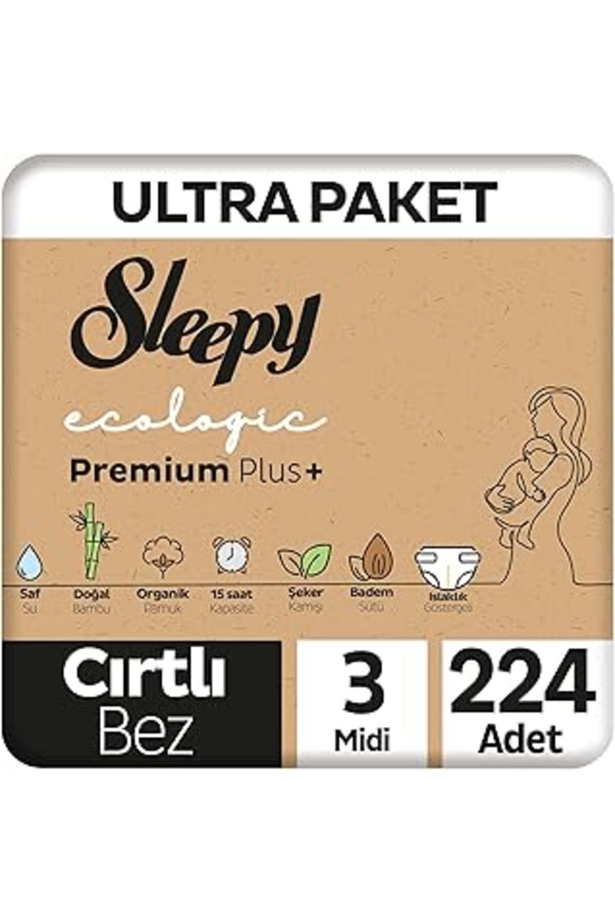 Mu Art Sleepy Ecologic Ultra Paket Bebek Bezi 3 Numara Midi 224 Adet