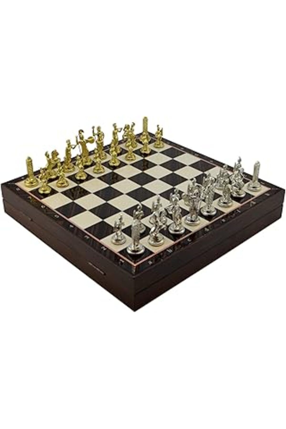 Pazarcan Gifthome Orta Boy Metal Yunan Satranç Takımı Parlak Ve Ceviz Desenli Sandıklı Mdf Tahtası (36X36X6