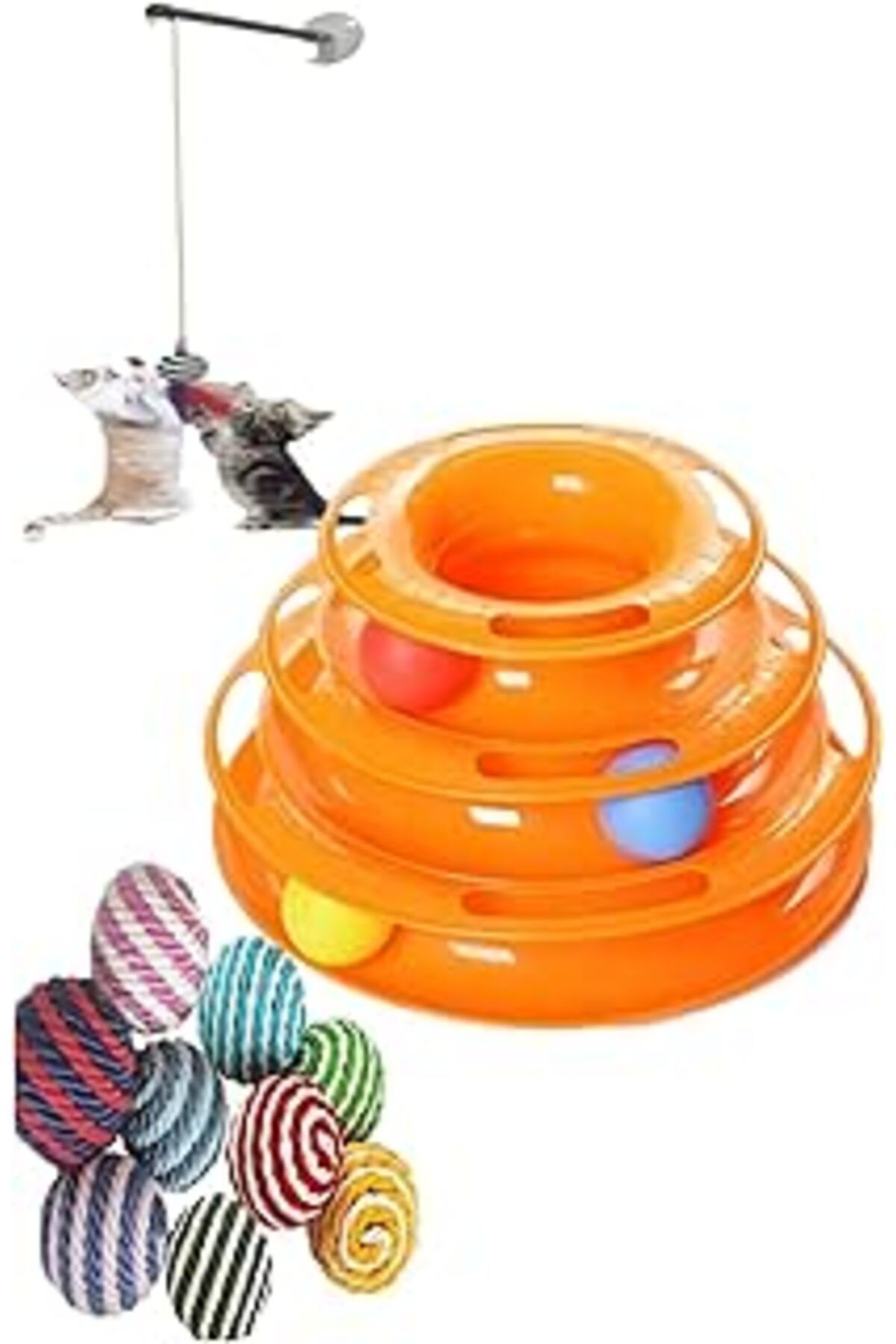 Pazarcan Tineke 3 Lü Set Kedi Oyuncağı 1 Adet 3 Katlı 1 Adet Vantuzlu Kedi Oyun Oltası 1 Adet Ip Sarma Top