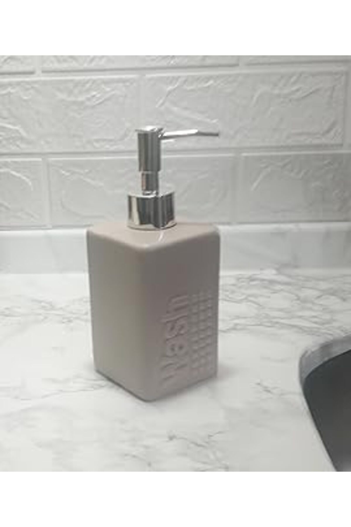 Roses Store Seramik Sivi Sabunluk Bej Modern 7x7x17cm 300ml Banyo Seti