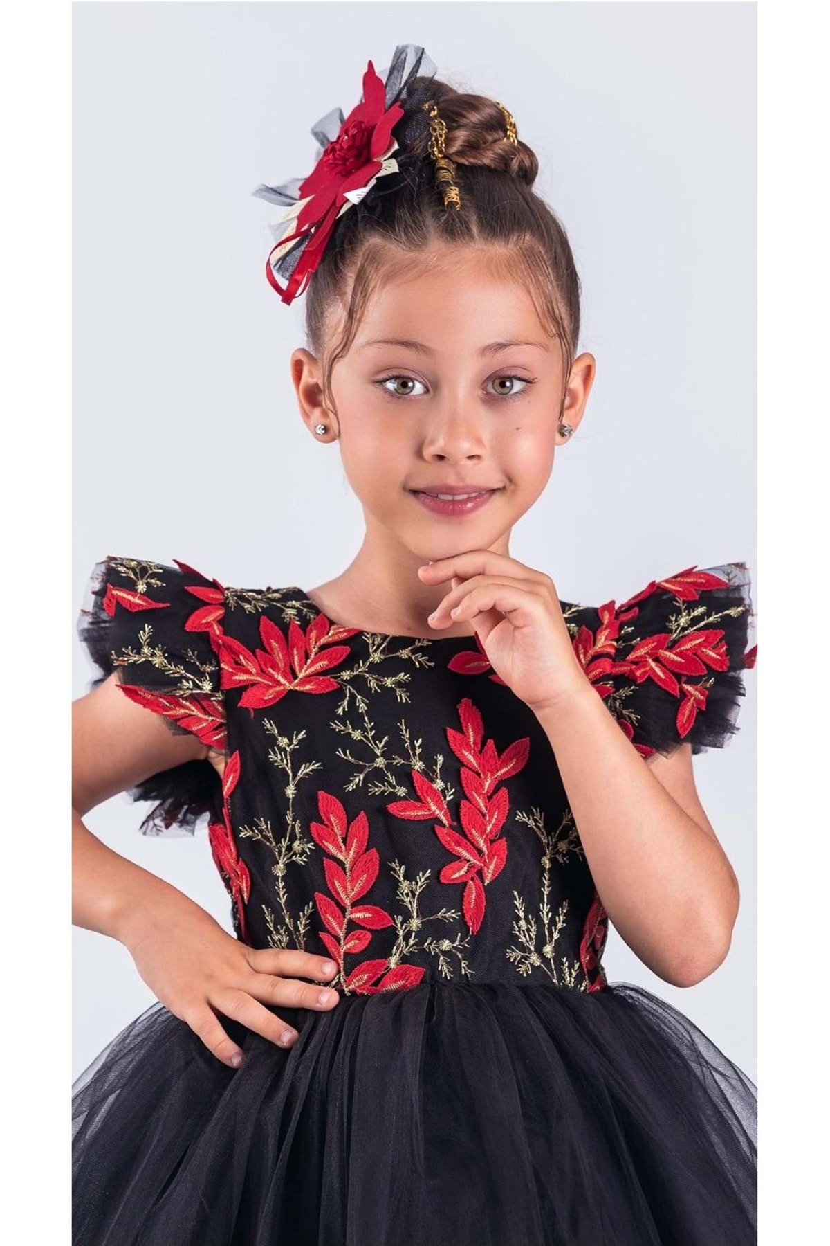 Mnk Baby&Kids Kız Çocuk Nakışlı Tütü Etek Elbise MNK0578 SİYAH - KIRMIZI fotoğrafı 3 (önizleme)