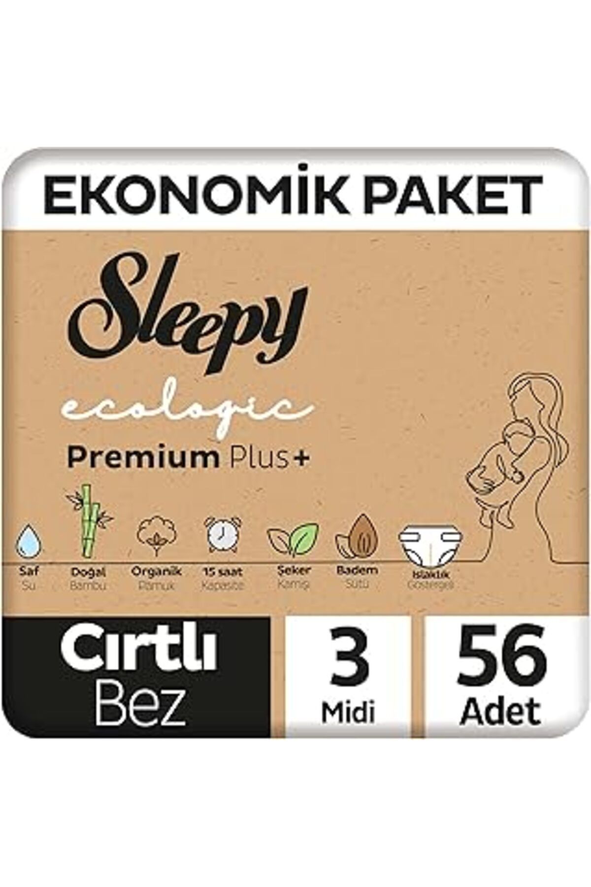 Mu Art Ahşap Sleepy Ecologic Ekonomik Paket Bebek Bezi 3 Numara Midi 56 Adet