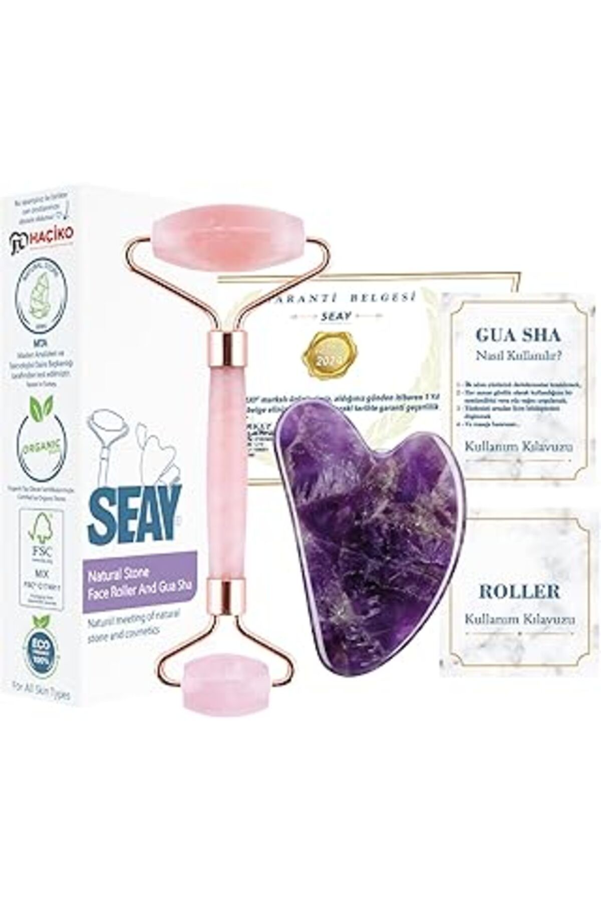 Pazarcan Seay Pembe Kuvars Quartz Face Roller + Ametist Guasha Yüz Masaj Aleti Masaj Taşı Doğaltaş Premium