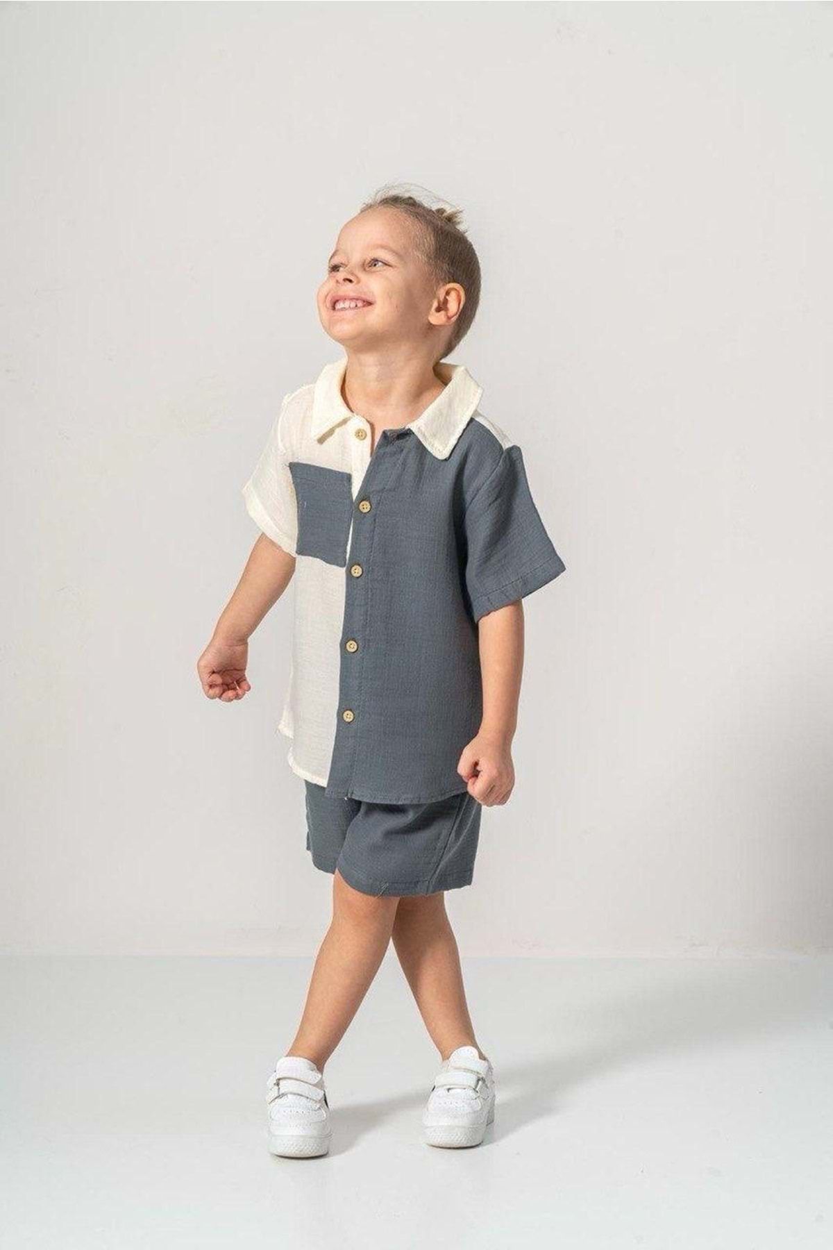 Mnk Baby&Kids-Muslin Fabric Cotton Summer Shorts Boy's Suit M00733 Gray 2