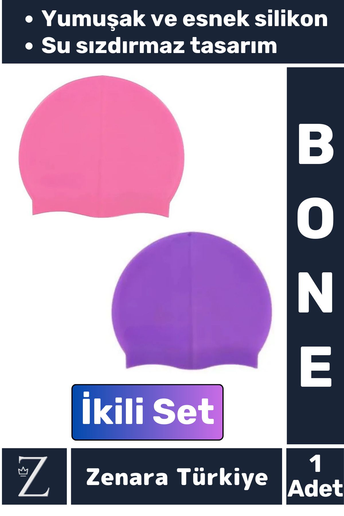 Zenara Premium Su Geçirmez Elastik Yumuşak Yüzücü Havuz Deniz Yüzme Şapkası Esnek Silikon Bone 2'Li SET