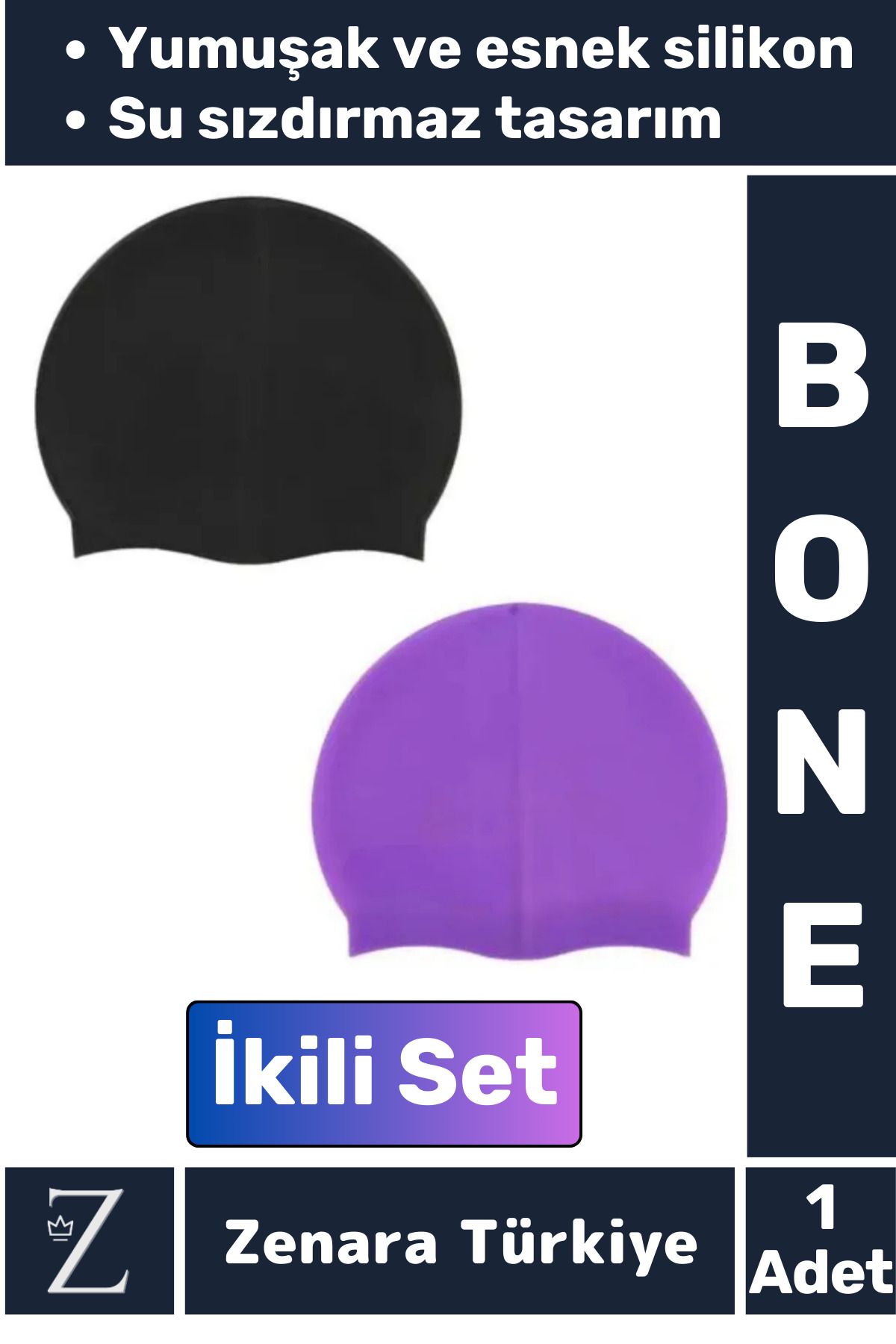 Zenara Premium Su Geçirmez Elastik Yumuşak Yüzücü Havuz Deniz Yüzme Şapkası Esnek Silikon Bone 2'Li SET