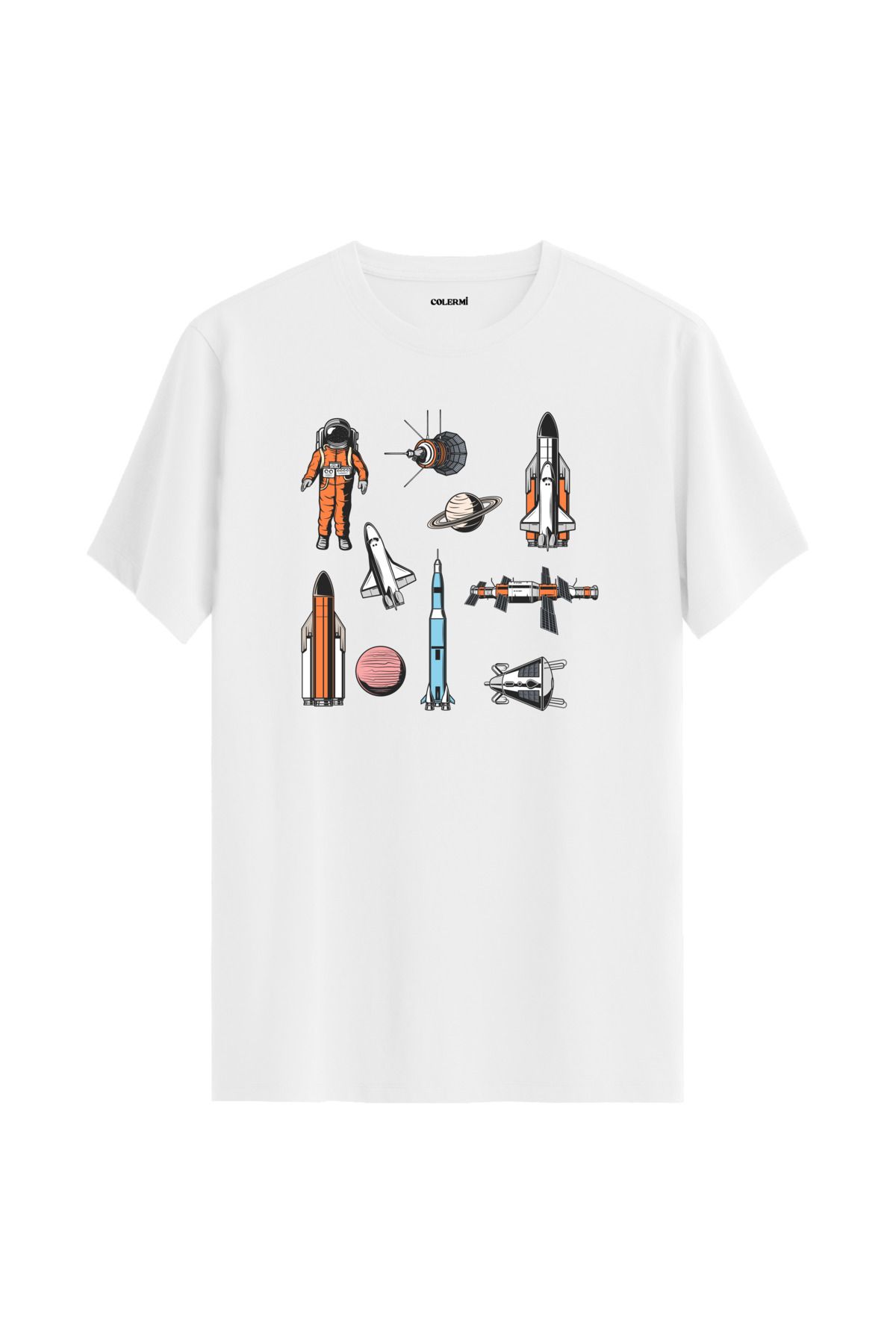 Colermi Uzay Temalı Astronot Baskılı Unisex %100 Pamuk Beyaz Tshirt