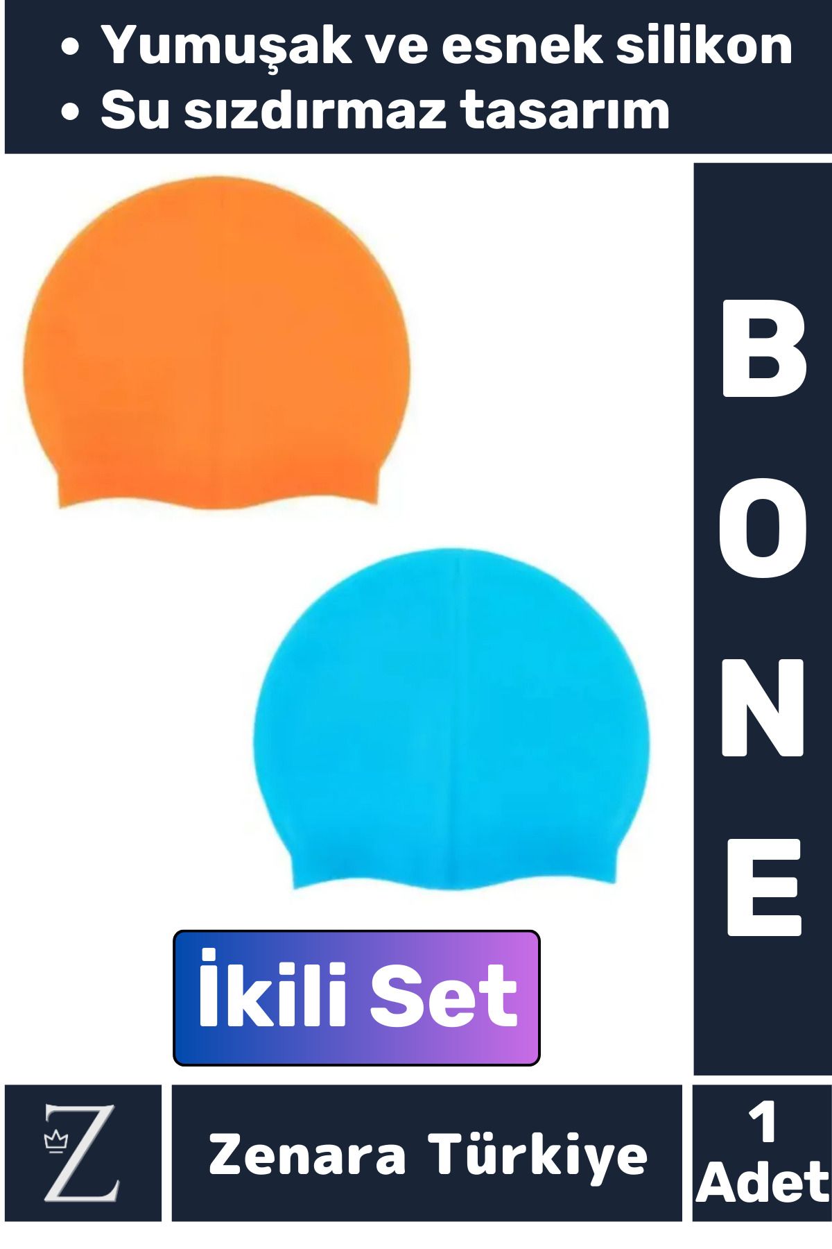 Zenara Premium Su Geçirmez Elastik Yumuşak Yüzücü Havuz Deniz Yüzme Şapkası Esnek Silikon Bone 2'Li SET