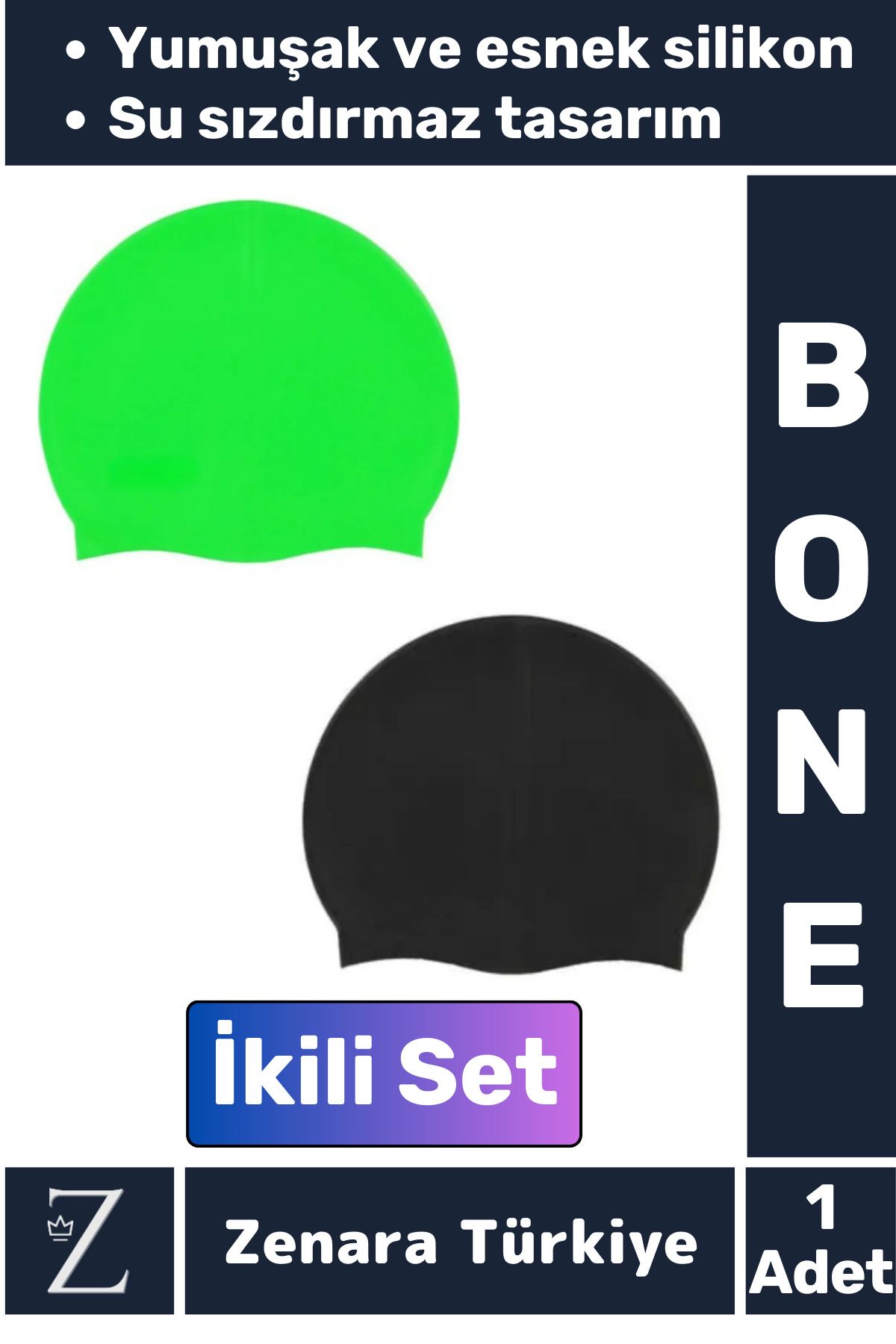 Zenara Premium Su Geçirmez Elastik Yumuşak Yüzücü Havuz Deniz Yüzme Şapkası Esnek Silikon Bone 2'Li SET