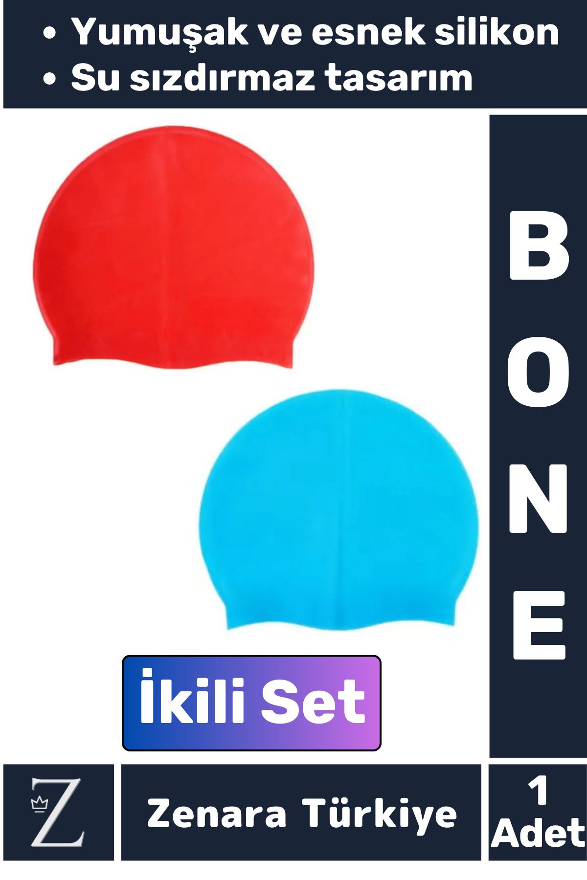 Zenara Premium Su Geçirmez Elastik Yumuşak Yüzücü Havuz Deniz Yüzme Şapkası Esnek Silikon Bone 2'Li SET