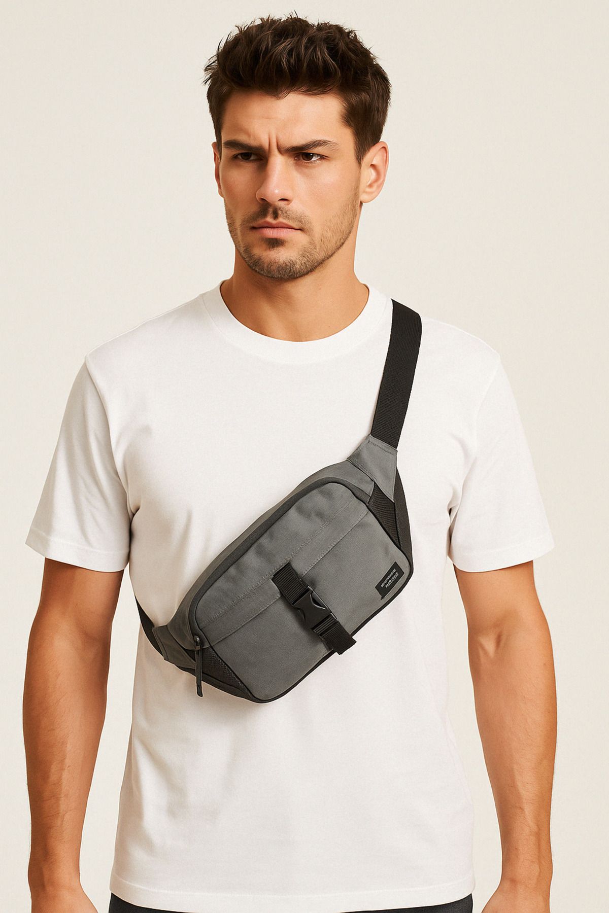 کیف کمری خاکستری مردانه Jack Jones Ashford Mesh Freebag Asphalt Gray 's WA Lover 12233476 Jack & Jones