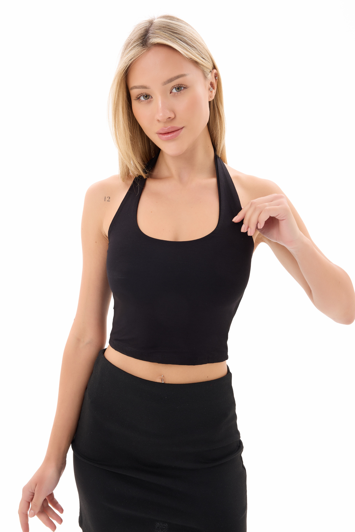 vesantia 2 Li Siyah Bordo Boyundan Geçmeli Crop Bluz görsel 4