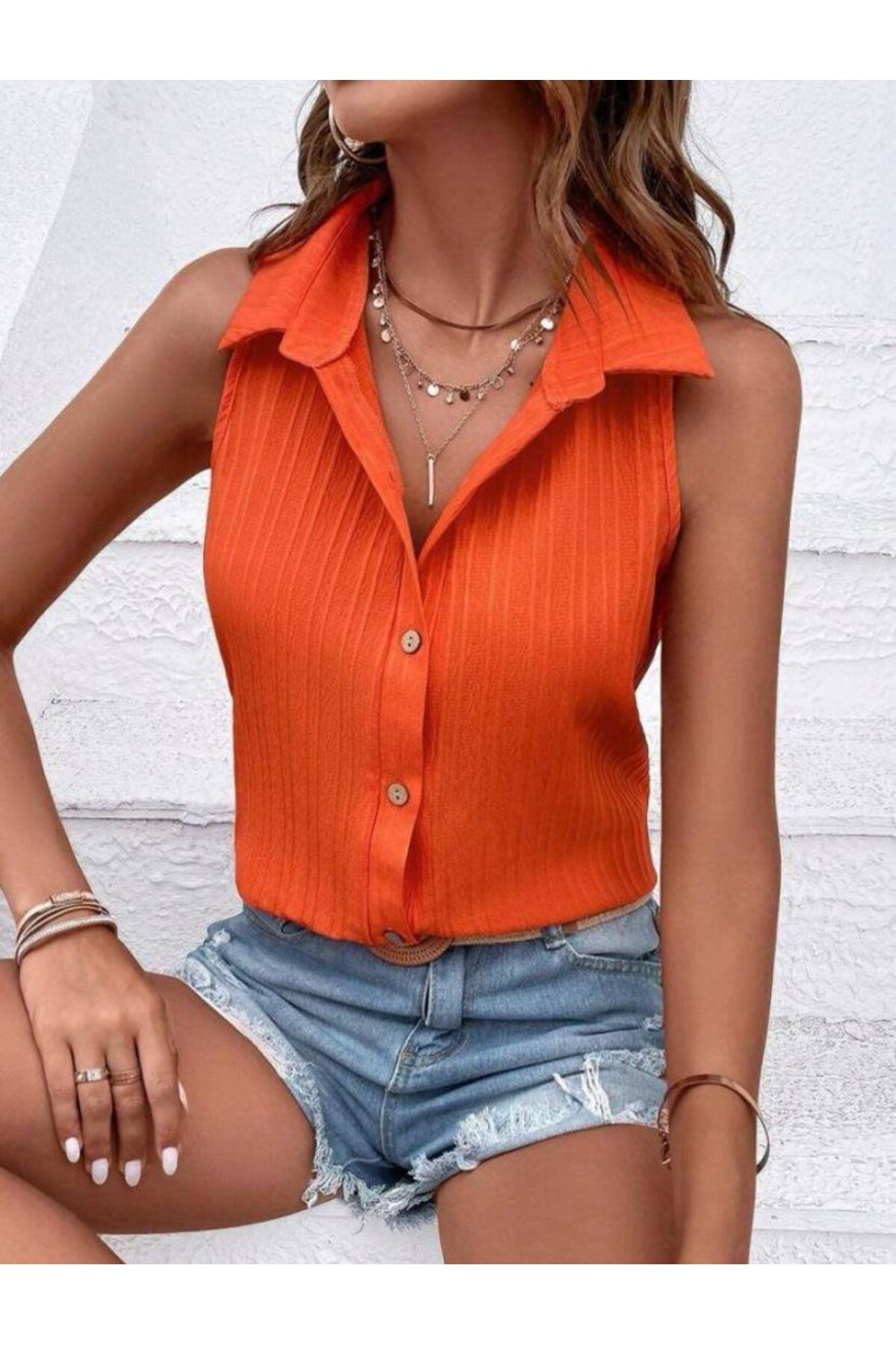 Gökyüzü Moda Kadın Sıfır Kol Pamela Kumaş Gömlek