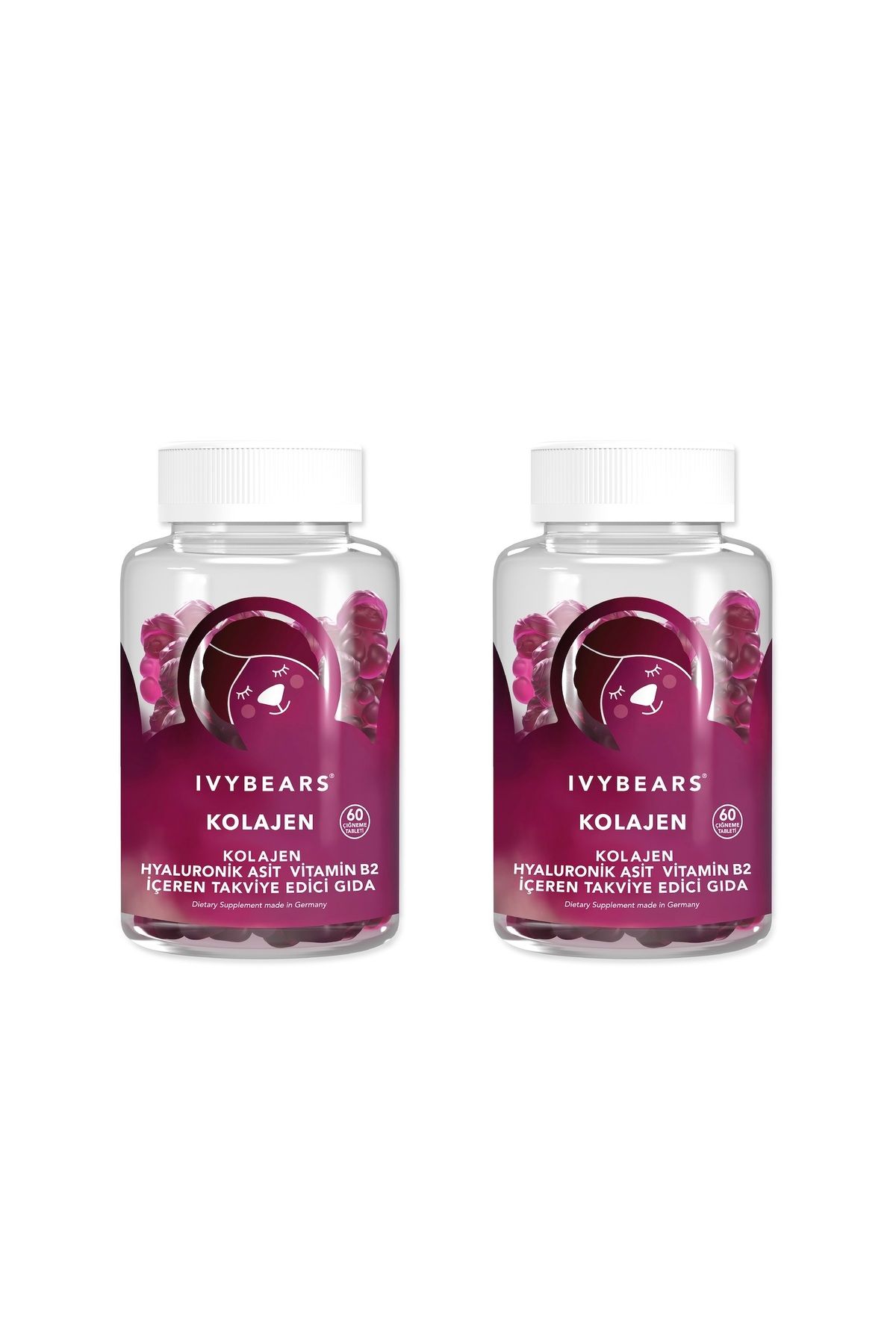 IvyBears Kolajen Vitamin 2 lü Set, Tip 1, Tip 3, Hyaluronik Asit, Vitamin B2, 120 adet, 60 günlük