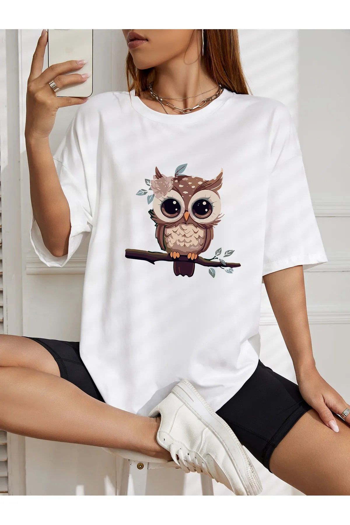 Drapara oversize sevimli baykuş baskılı baskılı T-shirt