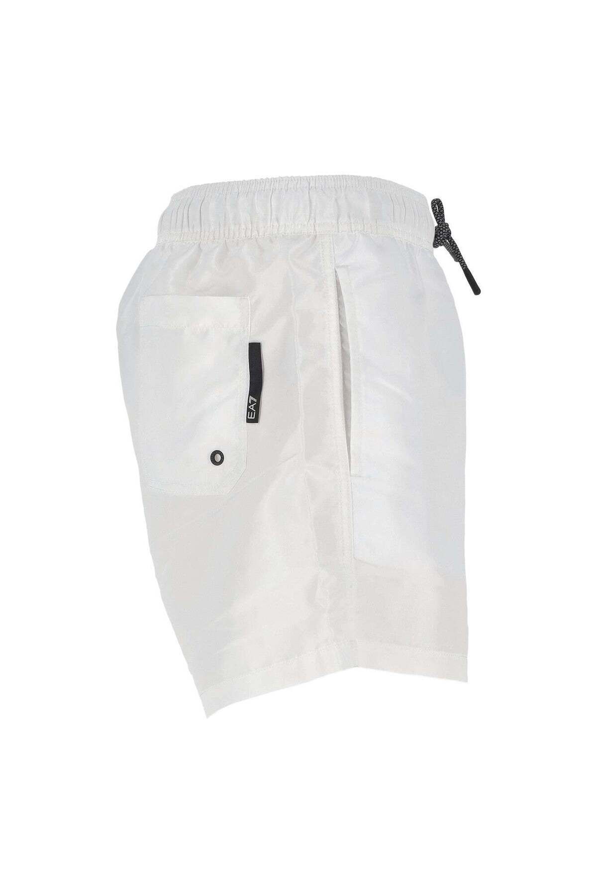 EA7-Men's White Swim Trunks with Stripe Sides and Elastic Waistband and Drawstring Tie Quick Drying Stretchy Fabric 7m00 3