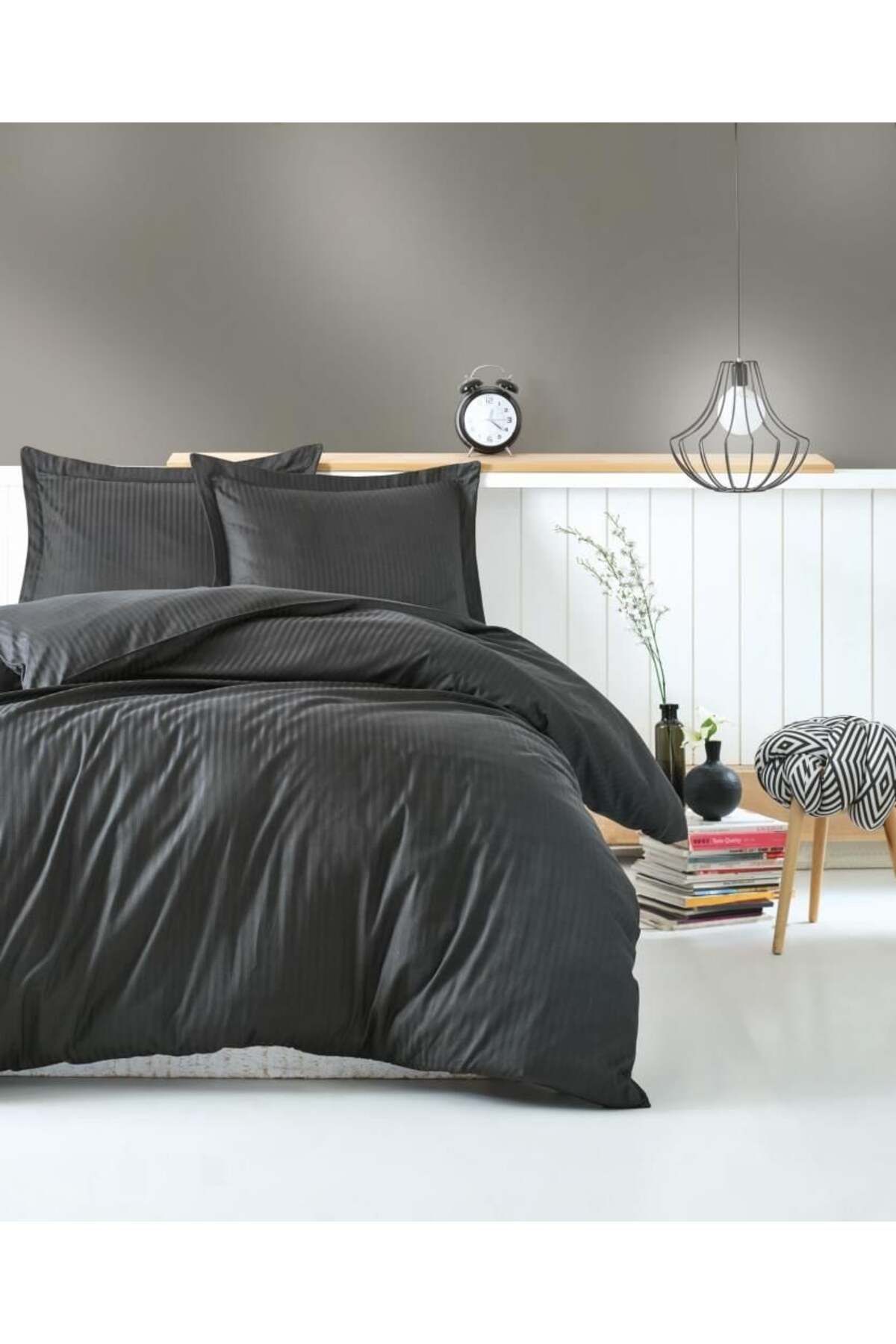 TimeStart Box Box Çift Kişilik Saten Box Takımı Elegante Stripe Antrasit