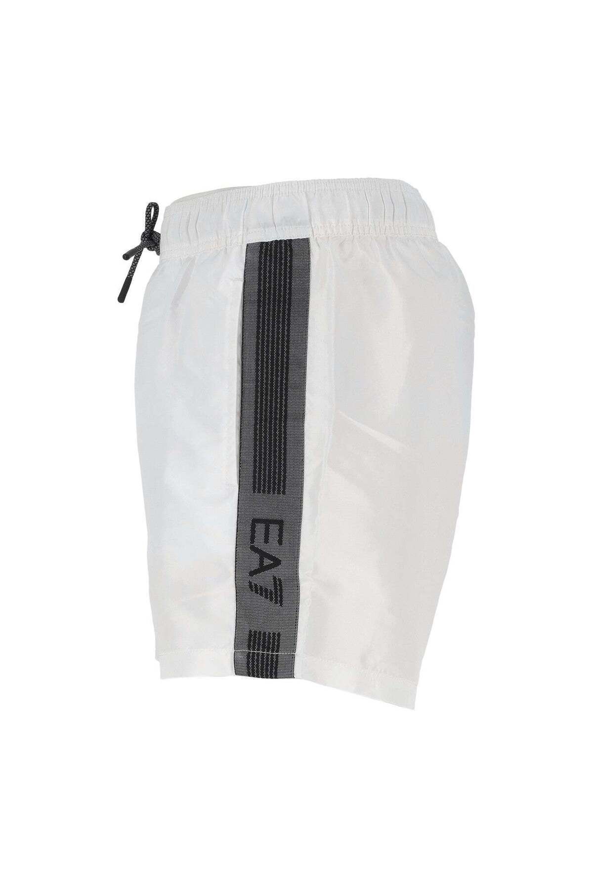 EA7-Men's White Swim Trunks with Stripe Sides and Elastic Waistband and Drawstring Tie Quick Drying Stretchy Fabric 7m00 4