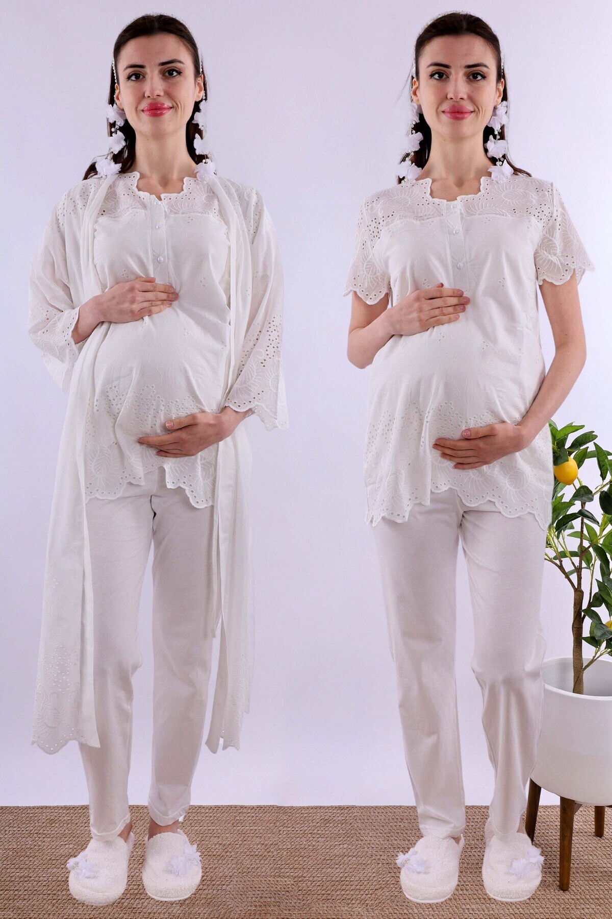 ByLohusa Effortt Ekru Fistolu Sabahlıklı Hamile Lohusa Pijama Takımı