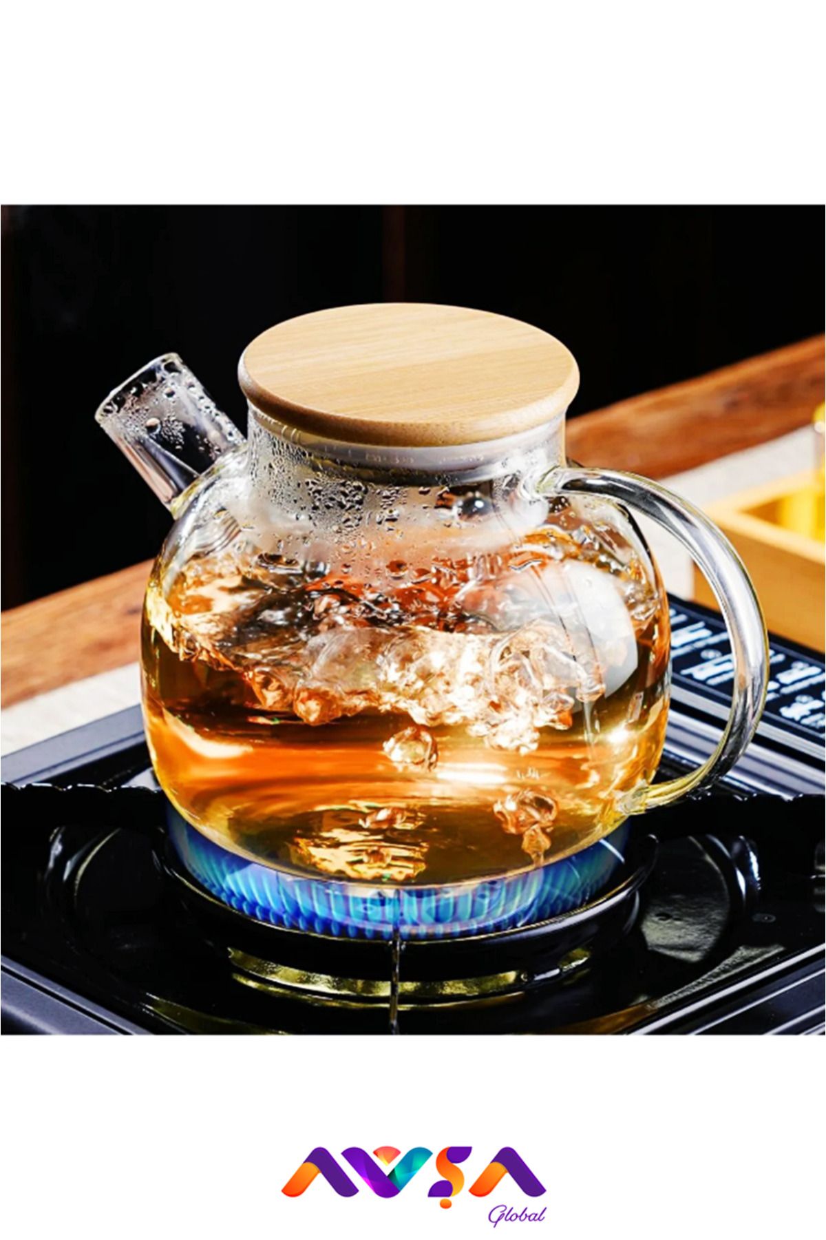 AVŞA Global Cam Demlik 1000 ml, Bambu Kapaklı Isıya Dayanıklı Cam Bitki Çayı Demliği Cam Sürahi