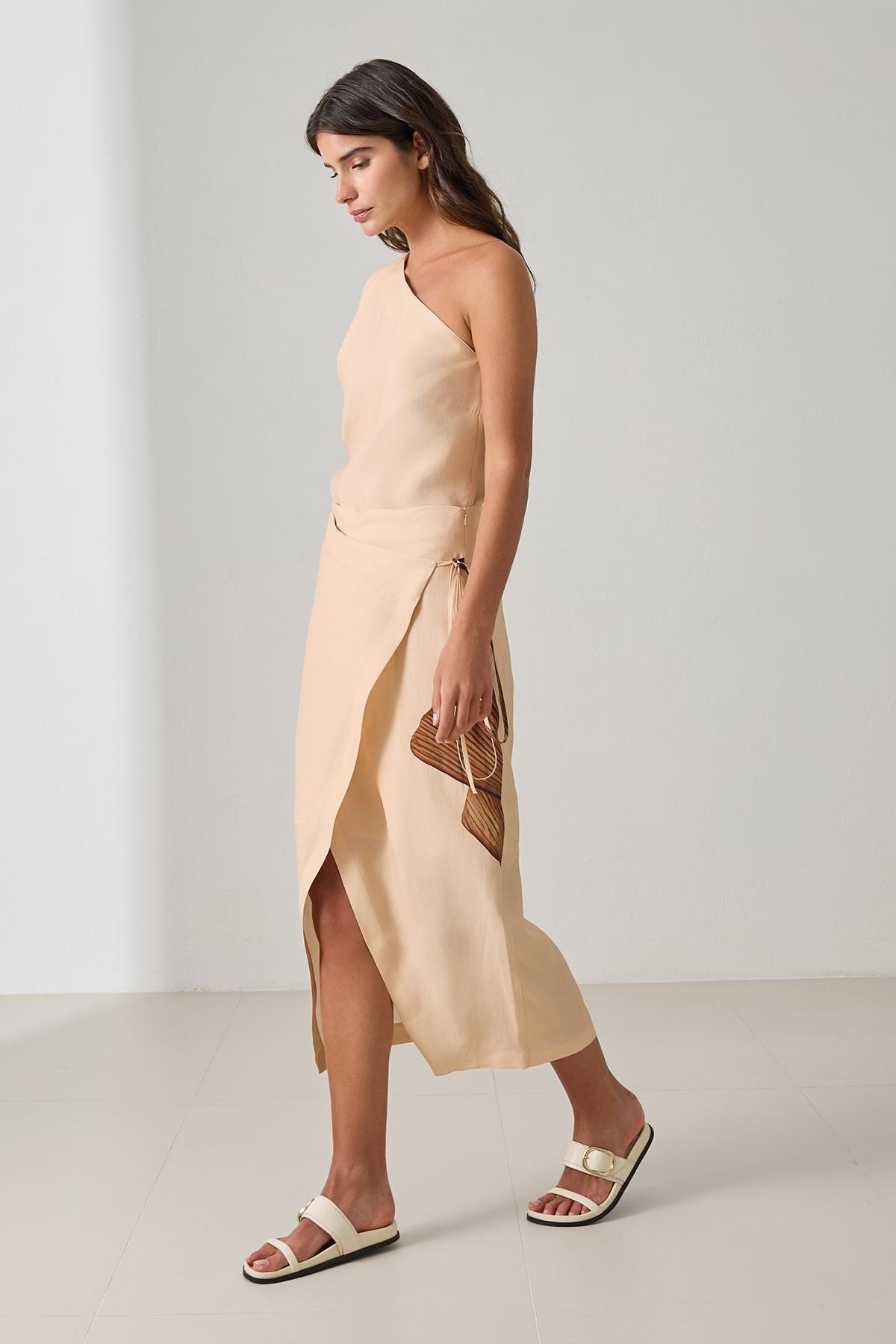 Setre-Dark Beige Asymmetrical Closure Binding Detailed Patterned Midi Length Skirt 3