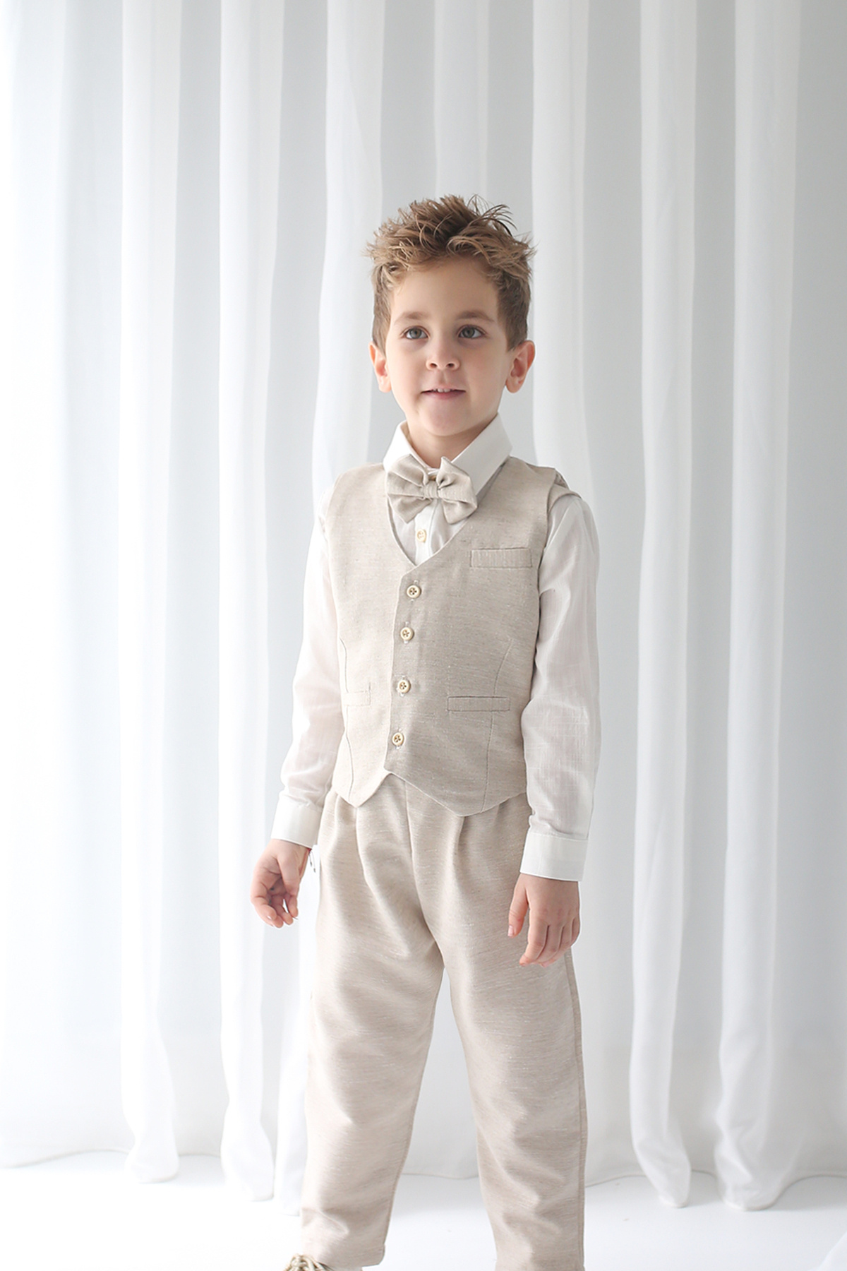 Catz Kids Erkek Çocuk Krem Keten Yelekli Askılı Takım 4'lü Set ( %100 Pamuk ) fotoğrafı 7 (önizleme)