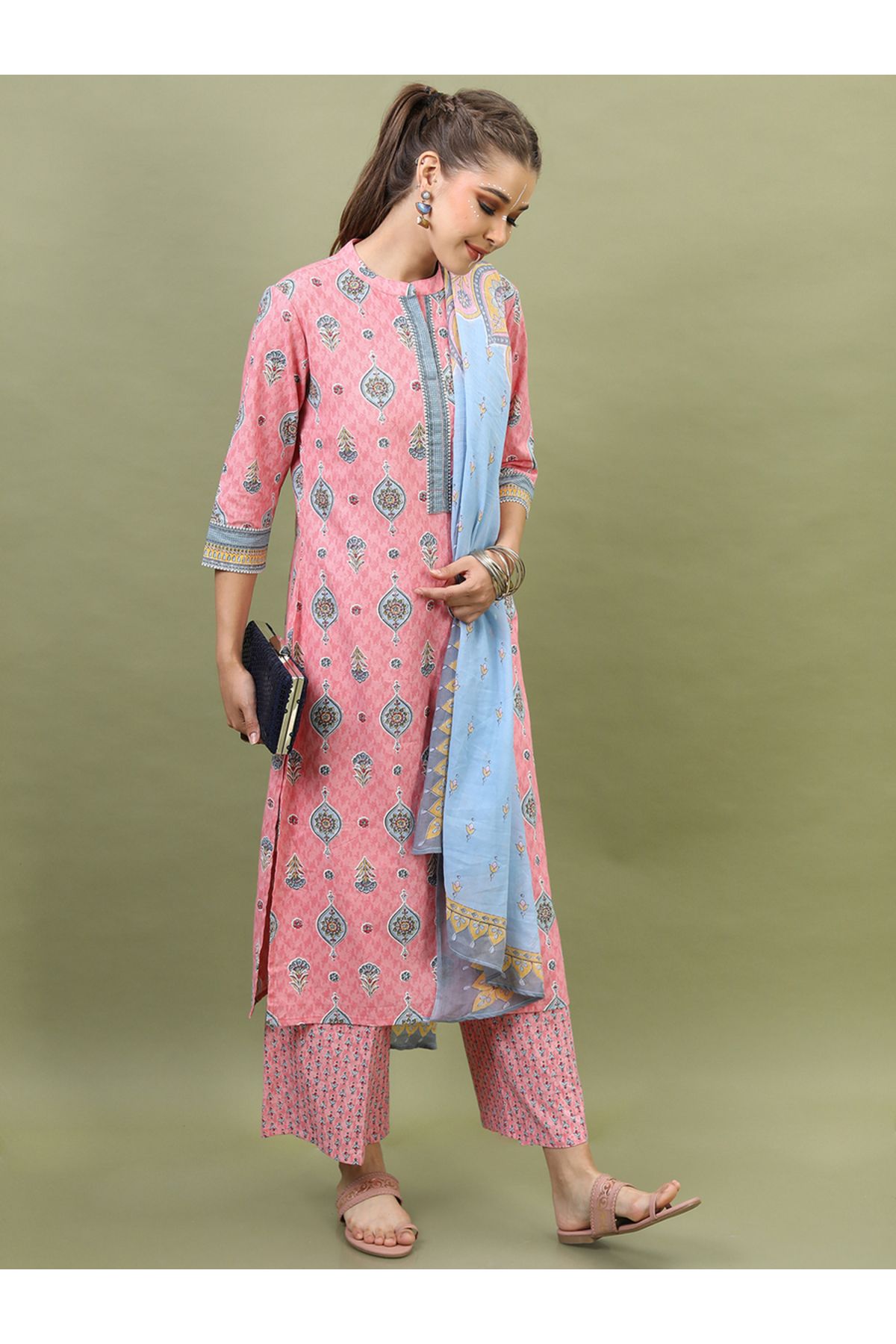 Vishudh By Styli-Women Pink Printed Cotton Kurta Set with Dupatta 6