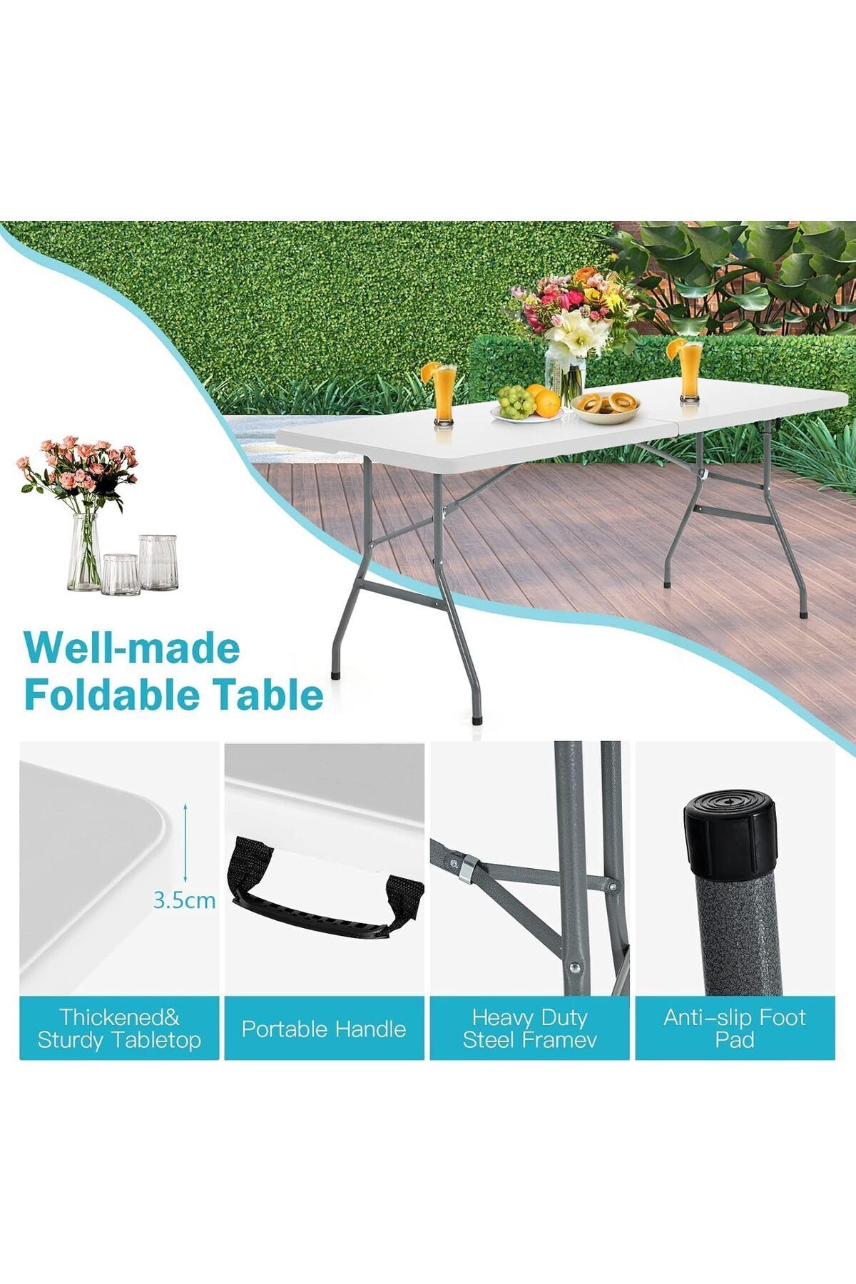 Generic-Bonka 6ft 180cm Folding Plastic Table with Handle and Lock for Picnics, Parties and Camping 7