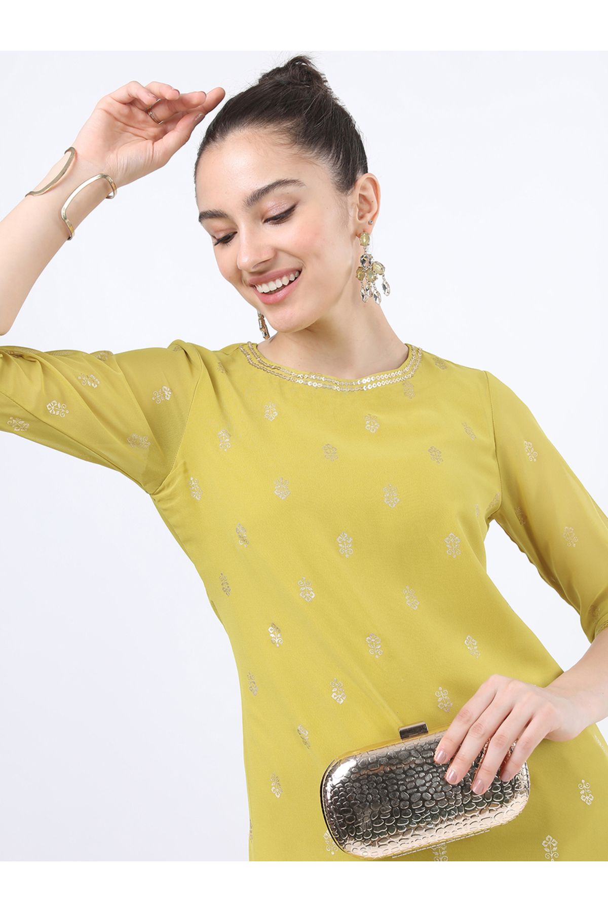 Vishudh By Styli-كورتا نسائية صفراء مطبوعة بزخارف عرقية 2